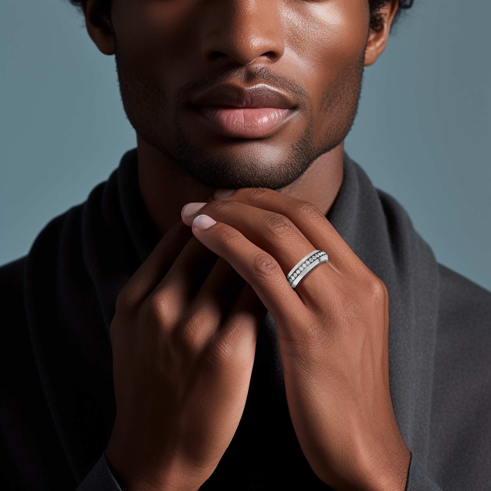 Elegant depiction of a 0.85 carat белое золото paved band adorning a finger in a lifestyle “ring on him” shot. The ring spotlights a dazzling central design using pavé, full pave, scattered pave, and cluster pave techniques in luminous белое золото—referred to as “opaline” or “milky gold.” Its glossy finish and refined detailing evoke a blend of contemporary allure and classic sophistication. Keywords: graceful, chic, luxurious, elegant, refined artistry.