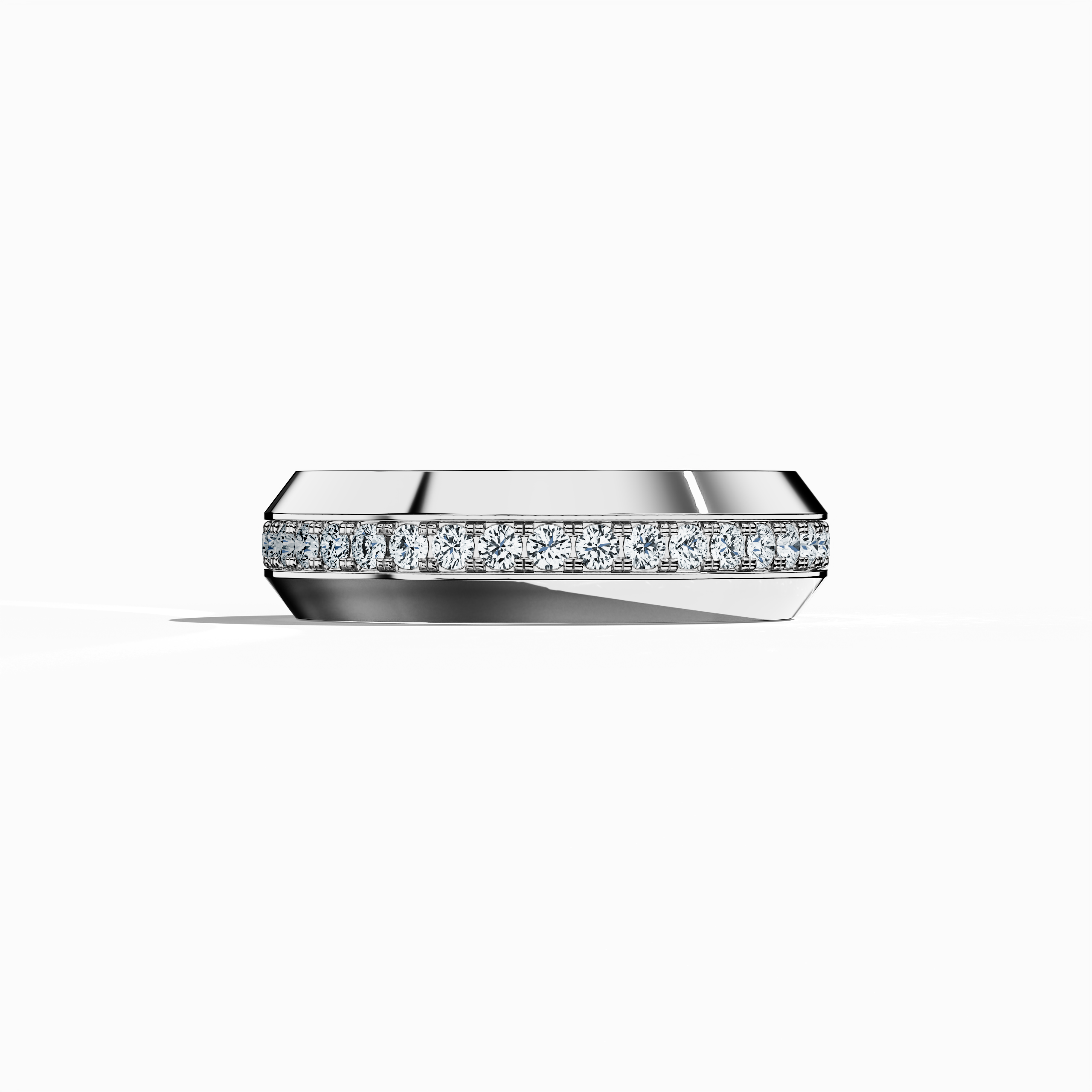 Image of an opulent 0.85 carat белое золото paved band captured from a serene sleeping front view. This exquisite ring features a meticulously crafted central section showcasing pavé, full pave, scattered pave, and cluster pave designs in luminous белое золото, often acclaimed as “opaline” or “milky gold.” The high-gloss outer finish accentuates smooth contours and modern sophistication. Keywords: luxurious, refined, elegant, contemporary, intricate design.