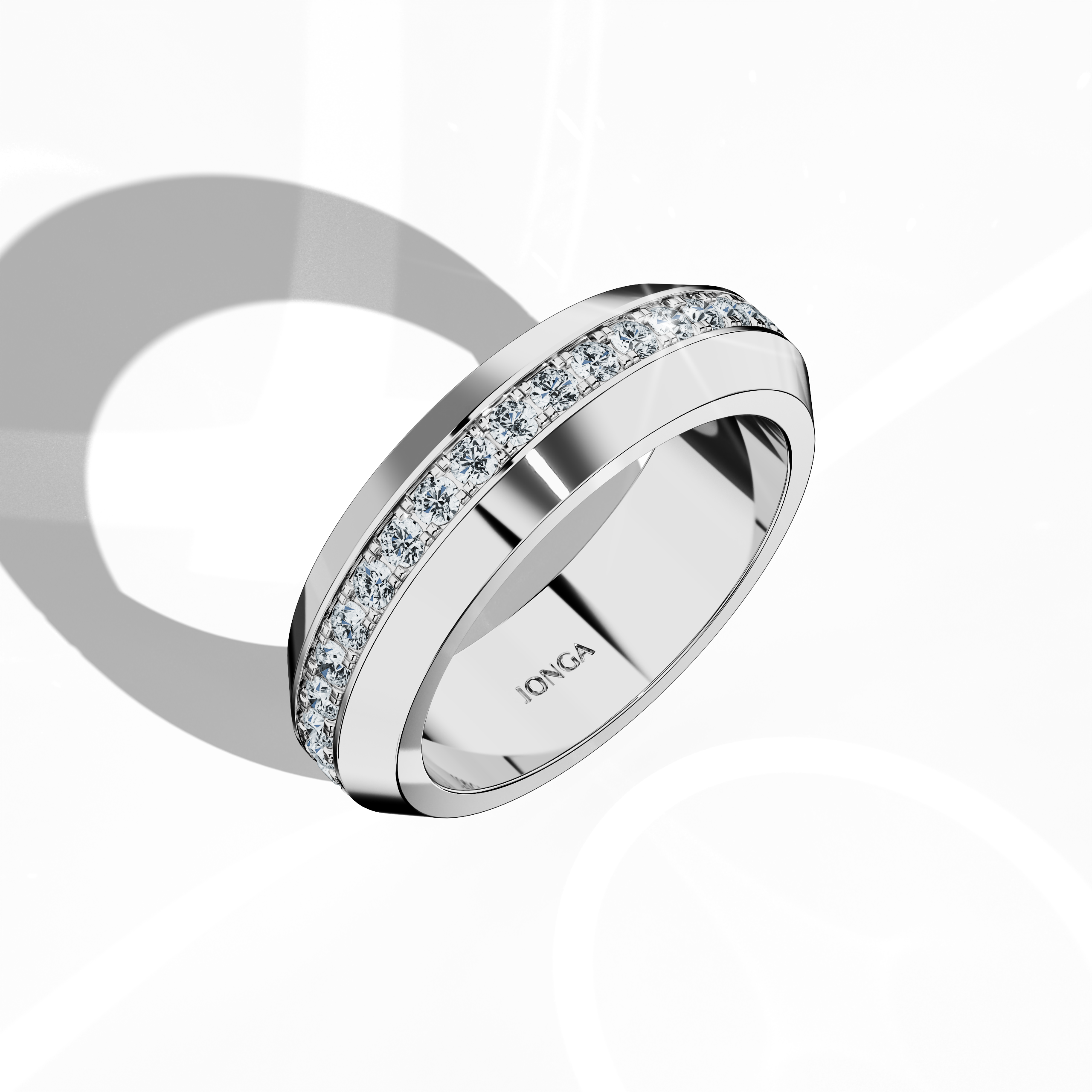 Striking image of a 0.85 carat белое золото paved band showcased from a standing front top side perspective. The ring features a bold central design incorporating pavé, full pave, scattered pave, and cluster pave styles in brilliant белое золото (often described as “opaline” or “milky gold”), with a high-gloss finish enhancing its sculpted curves and contemporary charm. Keywords: intricate, luxurious, modern, sleek, premium design.