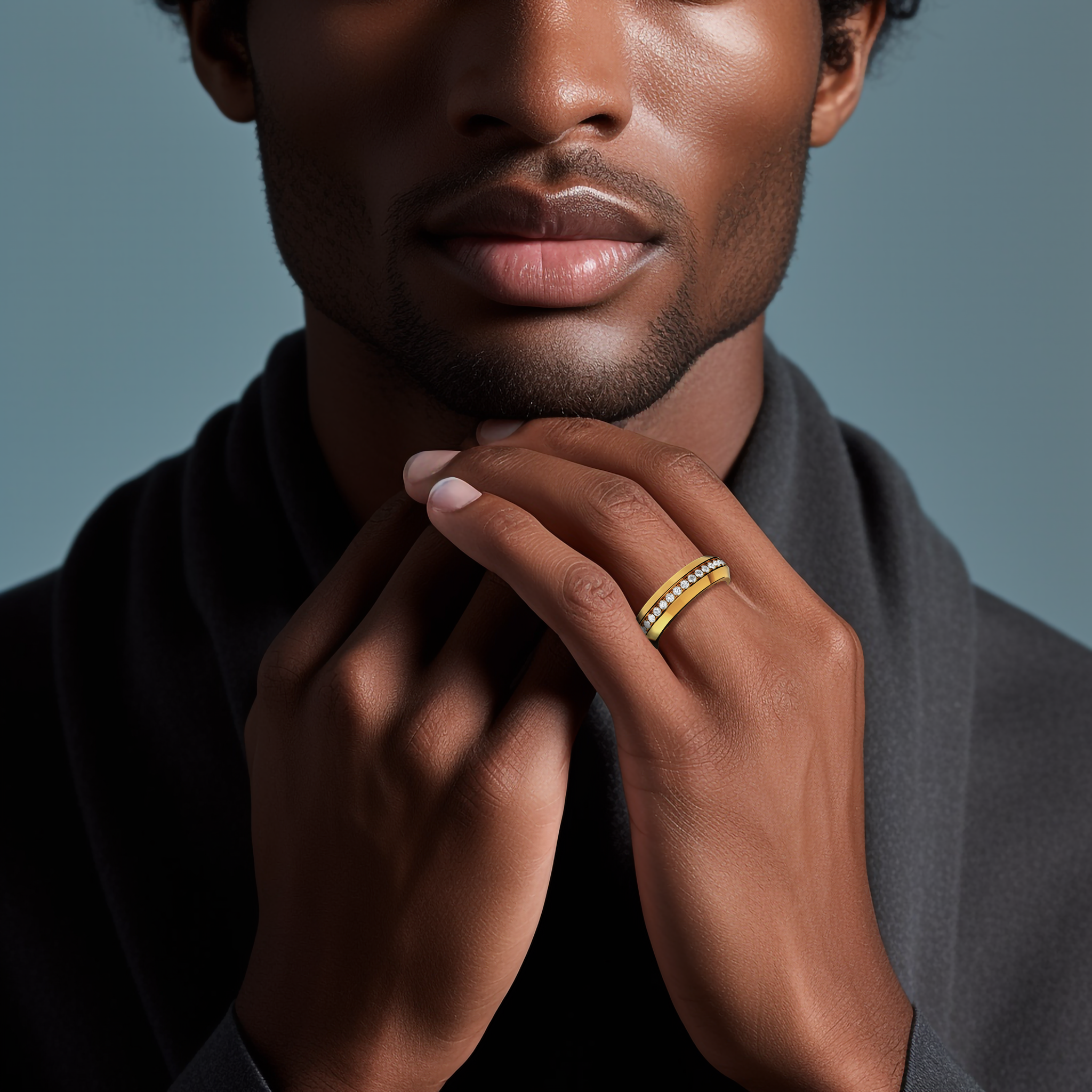 Elegant depiction of a 0.85 carat жёлтое золото paved band adorning a finger in a chic “ring on him” lifestyle shot. The ring spotlights a dazzling central design employing pavé, full pave, scattered pave, and cluster pave patterns in vibrant жёлтое золото—celebrated as “classic gold” or “rich gold.” Its glossy finish and exquisite detailing radiate contemporary sophistication and timeless artistry. Keywords: graceful, chic, luxurious, elegant, modern design.