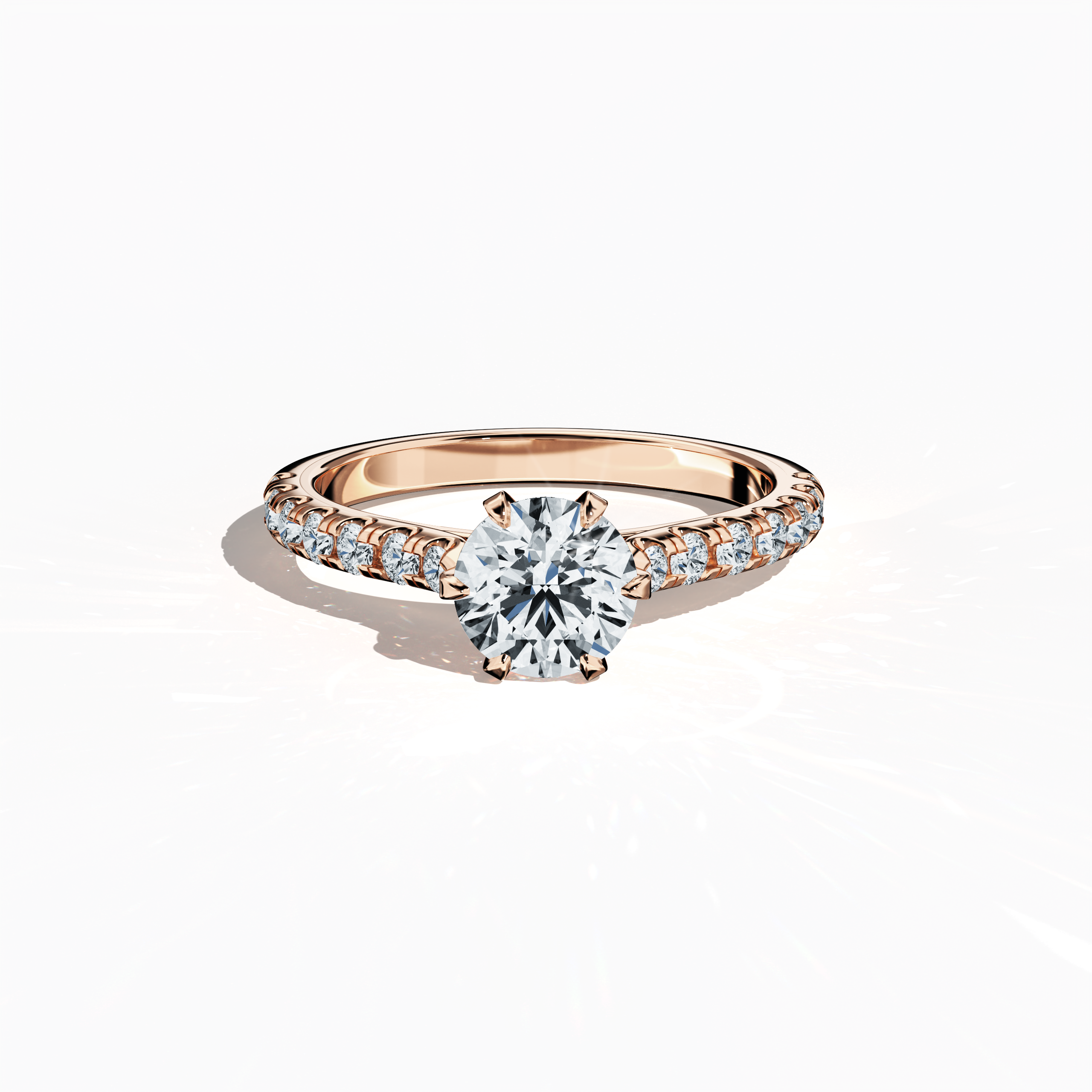 Sleeping front top view of a розовое золото solitaire paved ring, showcasing a luminous 1 карат center/centre diamond and 0.21 карат side diamonds set in a delicate diamond slim band with a four nail prong setting. The image accentuates its elegant craftsmanship and subtle sparkle, perfect as an engagement ring, wedding band, or fine Украшения/fine Ювелирные изделия piece. Keywords: розовое золото, paved ring, diamond slim band, engagement, luxury, 1.21 карат, elegant craftsmanship.