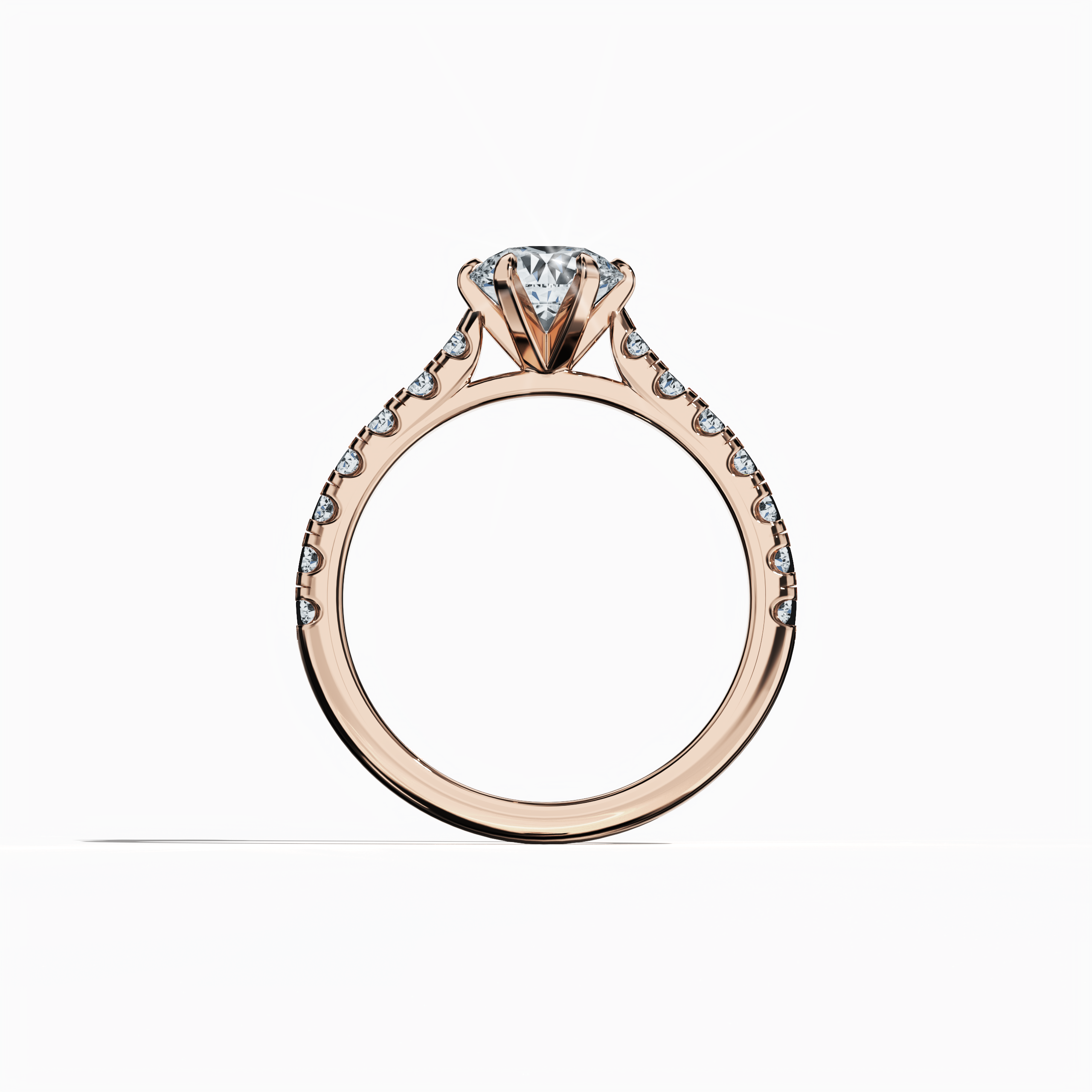 Standing front view of a розовое золото solitaire paved ring, featuring a captivating 1 карат center/centre diamond paired with 0.21 карат side diamonds in a sleek diamond slim band with a secure four nail prong setting. This image highlights its modern design and timeless elegance, making it an exquisite engagement ring, bridal Украшения/Ювелирные изделия, or fine Украшения/fine Ювелирные изделия statement. Keywords: розовое золото, paved ring, diamond slim band, luxury, 1.21 карат, modern elegance.
