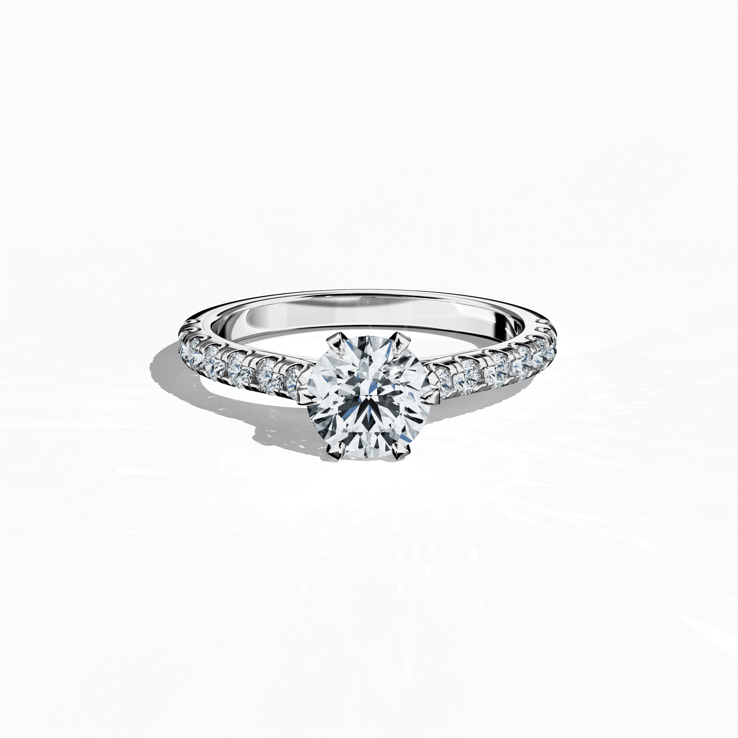 Sleeping front top view of a белое золото solitaire paved ring, showcasing a luminous 1 карат center/centre diamond and 0.21 карат side diamonds embedded in a delicate diamond slim band with a four nail prong setting. The image emphasizes refined craftsmanship and subtle brilliance, ideal as an engagement ring, wedding band, or fine Украшения/fine Ювелирные изделия piece. Keywords: белое золото, paved ring, diamond slim band, engagement, luxury, 1.21 карат, refined design.