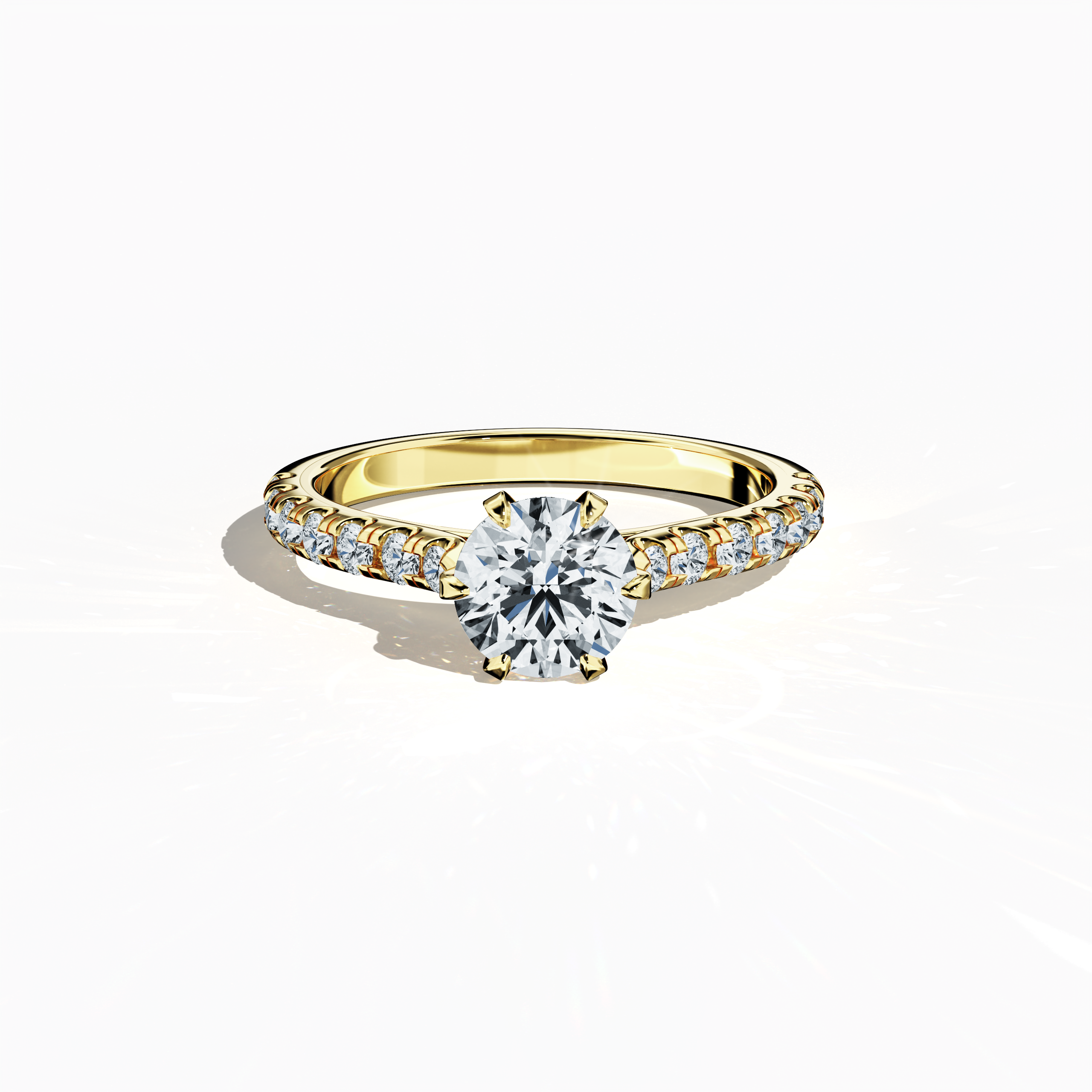 Sleeping front top view of a жёлтое золото solitaire paved ring, showcasing a luminous 1 карат center/centre diamond and 0.21 карат side diamonds set in a refined diamond slim band with a four nail prong setting. The image emphasizes its warm glow and meticulous craftsmanship, ideal as an engagement ring, wedding band, or fine Украшения/fine Ювелирные изделия piece. Keywords: жёлтое золото, paved ring, diamond slim band, engagement, luxury, 1.21 карат, meticulous craftsmanship.