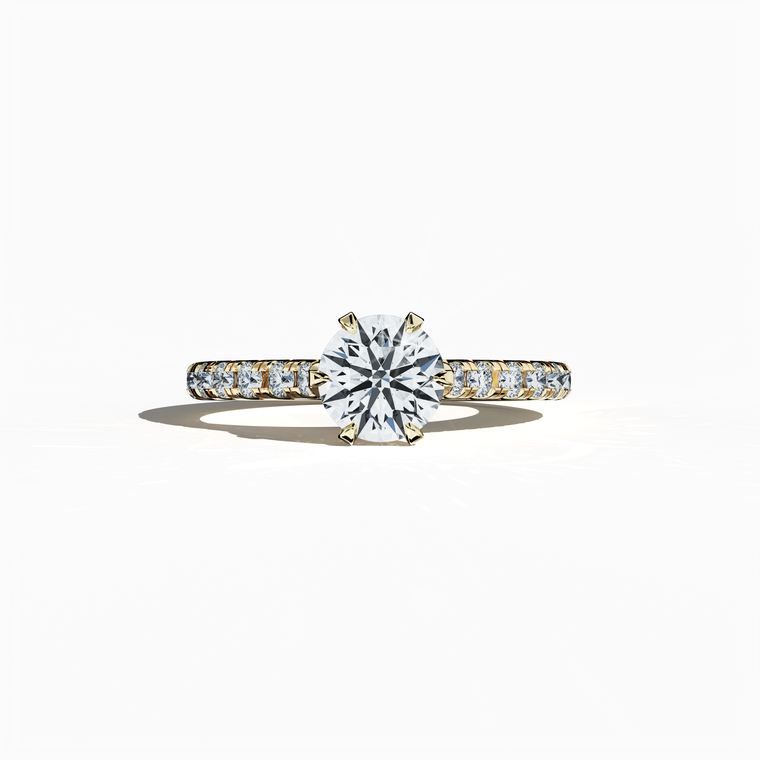 "Yellow gold solitaire paved ring with a total of 1.21 ct diamond weight, featuring a brilliant 1 ct center/centre diamond and 0.21 ct side diamonds, set in a sleek diamond slim band with a secure four nail prong setting. This sleeping front view highlights the ring’s warm, radiant hue and elegant design, making it an ideal engagement ring, bridal jewelry/jewellery, or fine jewelry/fine jewellery accessory. Keywords: yellow gold, paved ring, diamond slim band, luxury, 1.21 ct, radiant design.