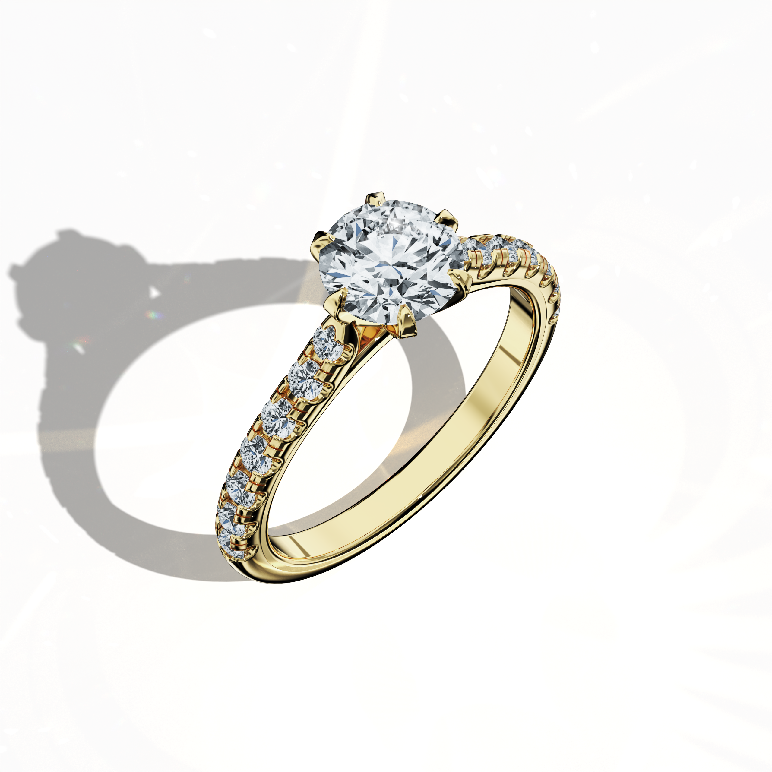 "Front top side view of a yellow gold solitaire paved ring with a total of 1.21 ct diamond weight, featuring a brilliant 1 ct center/centre diamond and 0.21 ct side diamonds in a sleek diamond slim band with a four nail prong design. This dynamic perspective reveals detailed craftsmanship and warm radiance, perfect for an engagement ring, bridal jewelry/jewellery, or fine jewelry/fine jewellery piece. Keywords: yellow gold, paved ring, diamond slim band, luxury, 1.21 ct, detailed craftsmanship.