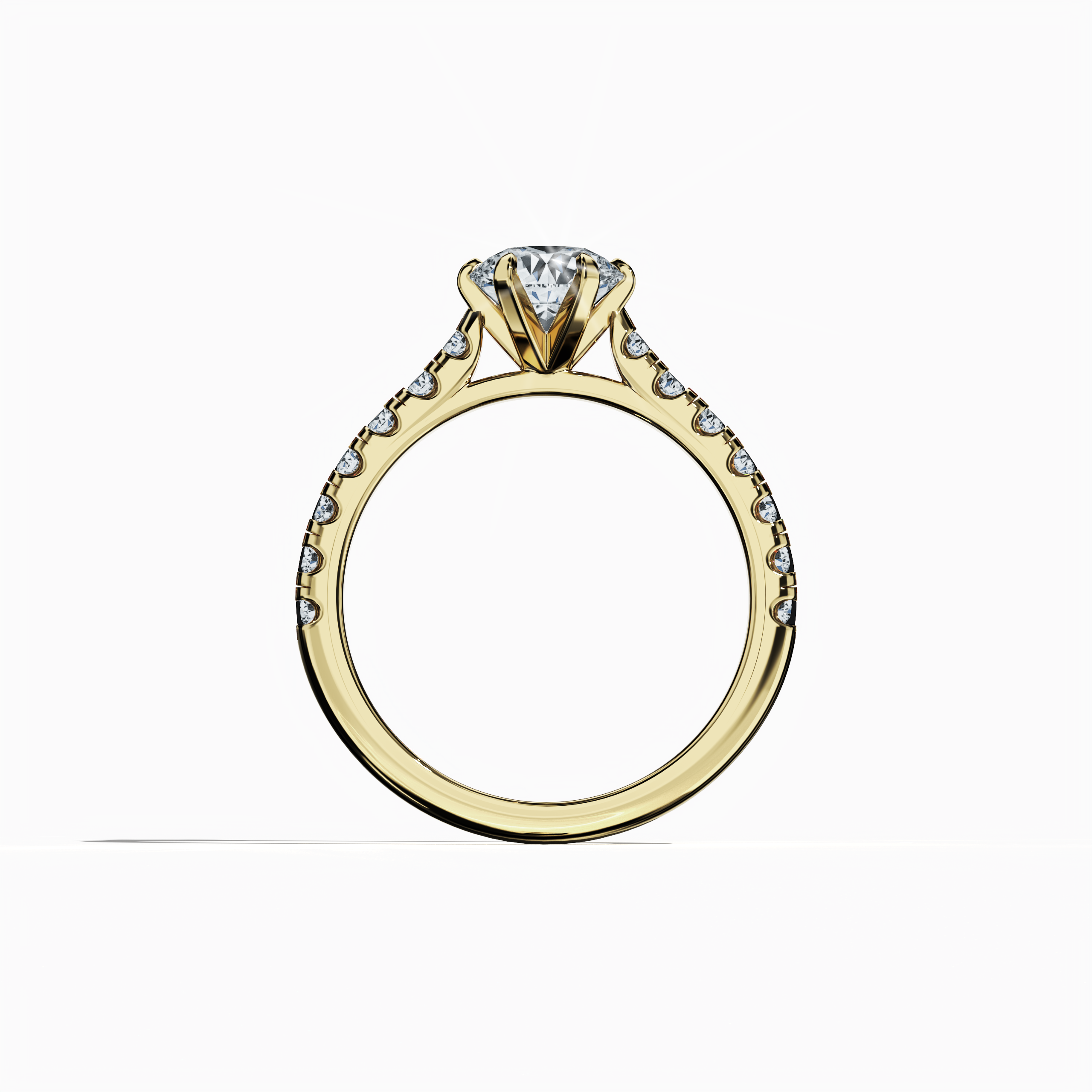 Standing front view of a жёлтое золото solitaire paved ring, featuring a dazzling 1 карат center/centre diamond paired with 0.21 карат side diamonds in a sophisticated diamond slim band with a secure four nail prong setting. This image captures its timeless design and luxurious finish, making it perfect as an engagement ring, bridal Украшения/Ювелирные изделия, or fine Украшения/fine Ювелирные изделия statement. Keywords: жёлтое золото, paved ring, diamond slim band, luxury, 1.21 карат, timeless design.
