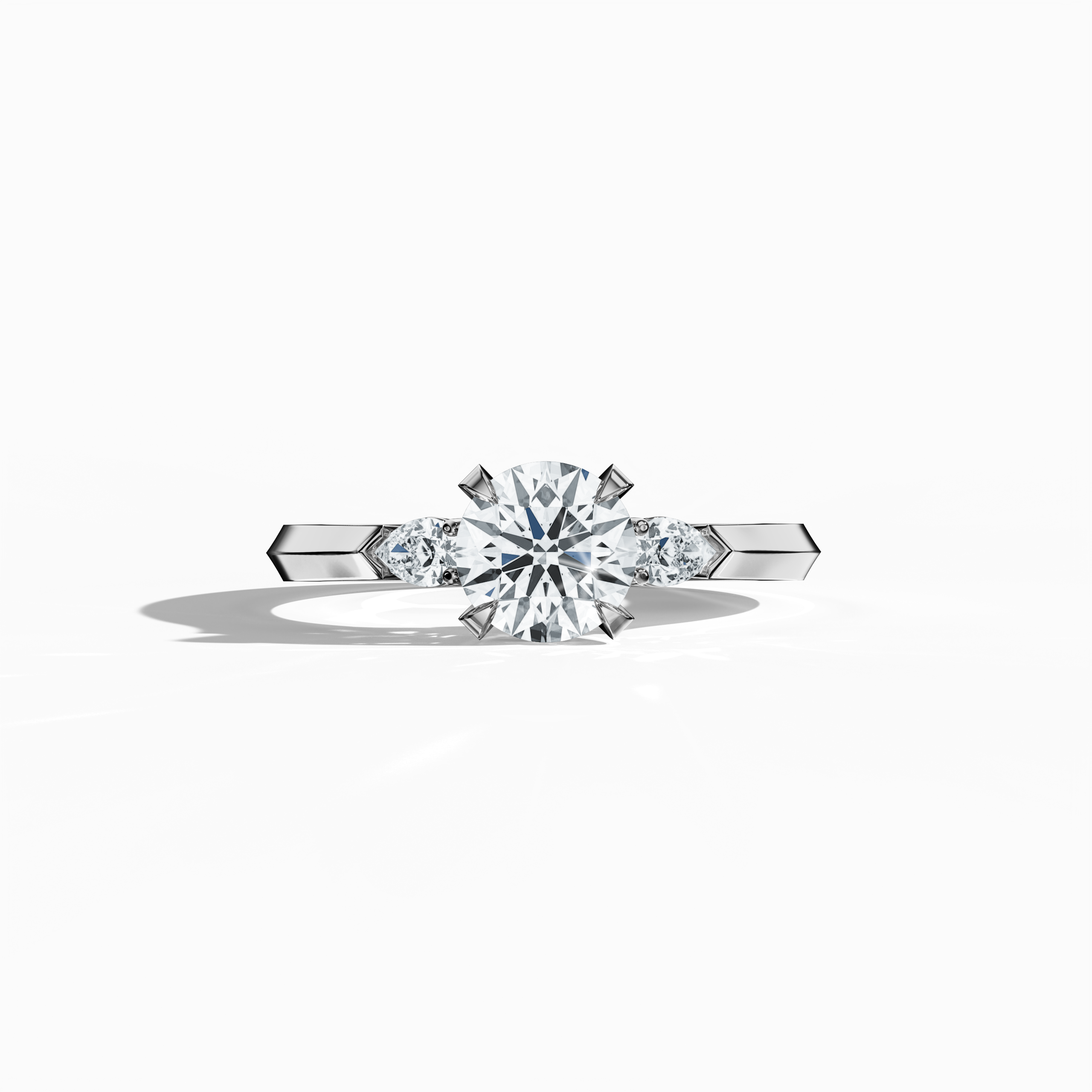 "White gold trio diamond ring showcasing a total of 1.30 ct natural diamond weight, with a radiant 1 ct round center/centre diamond flanked by two pear‐shaped side diamonds (0.30 ct total). This sleeping front view captures its sleek design, refined four‐nail prong setting, and modern elegance, making it an exquisite engagement ring, wedding band, or fine jewelry/fine jewellery piece. Also known as a trilogy ring, three‐stone ring, three‐diamond ring, trinity ring, and triptych ring design.