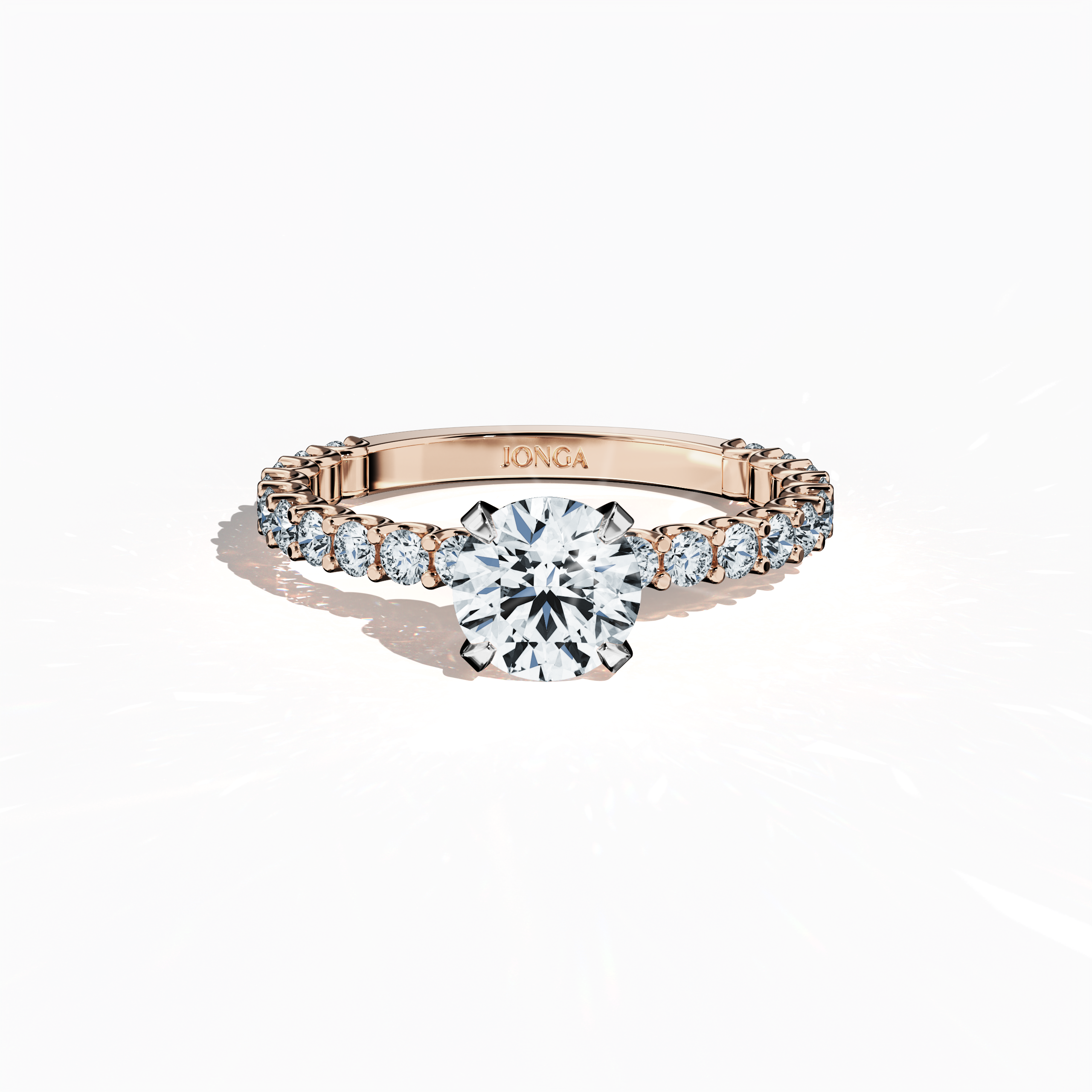 Sleeping front top view of a розовое золото solitaire Eternity ring, highlighting a stunning 1 карат center/centre diamond and 0.80 карат side diamonds in a four-nail prong setting. Ideal as a solitaire ring, eternity band, or wedding ring, this fine Украшения/fine Ювелирные изделия piece exudes romance and sophistication, making it a perfect bridal choice. Keywords: розовое золото, eternity ring, diamond band, engagement ring, wedding Украшения, bridal Ювелирные изделия, luxury, 1.80 карат diamond.