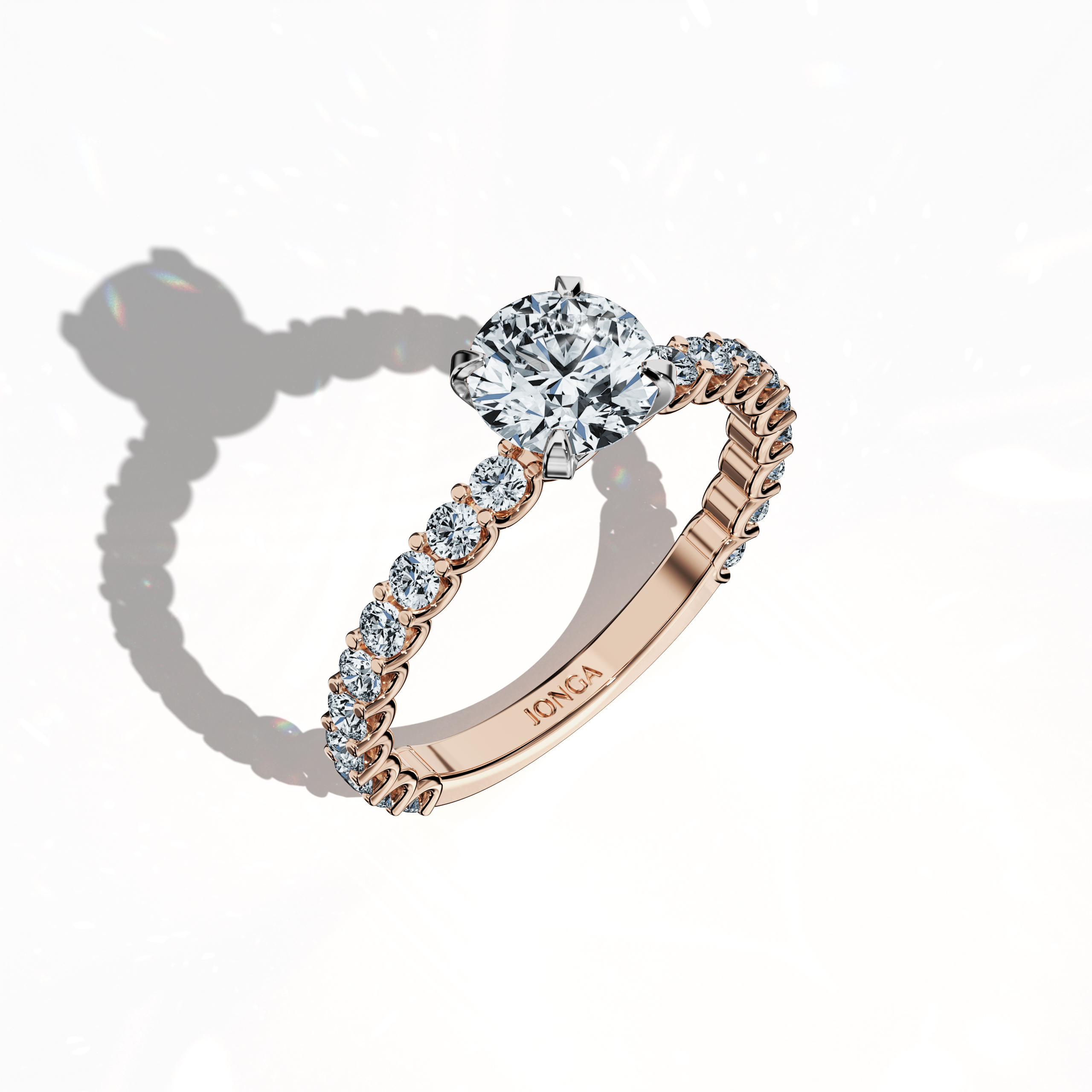 Front top side view of a розовое золото solitaire Eternity ring with a brilliant 1 карат center/centre diamond and 0.80 карат side diamonds in a four-nail prong setting. The soft rose hue makes it a popular diamond eternity band, wedding band, or fine Украшения/fine Ювелирные изделия piece, ideal for engagements or anniversaries. A symbol of refined elegance. Keywords: розовое золото, solitaire, eternity ring, bridal Украшения/Ювелирные изделия, luxury, diamond ring, engagement, 1.80 карат.