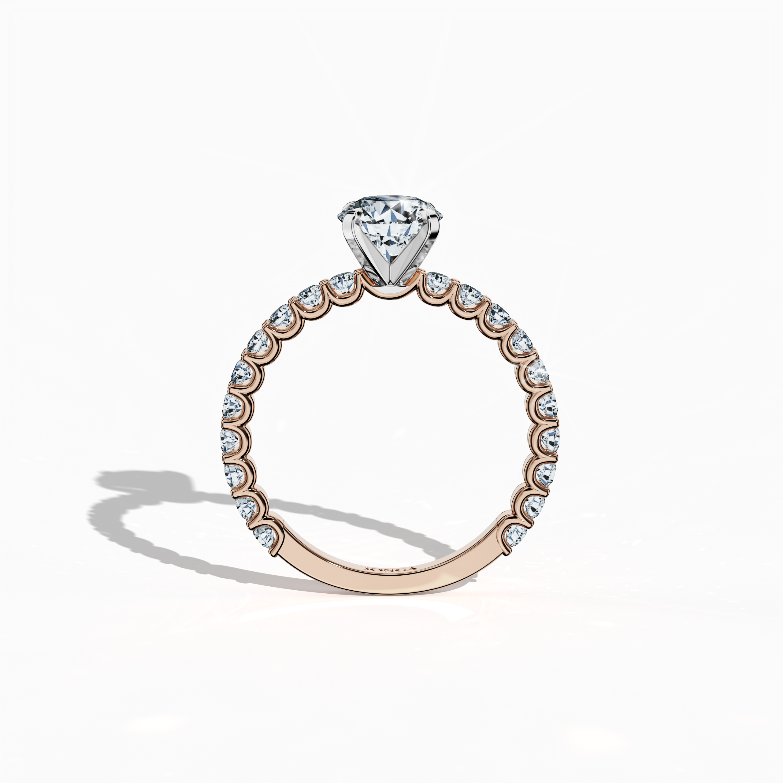 Standing front view of a розовое золото solitaire Eternity ring featuring a radiant 1 карат center/centre diamond and 0.80 карат side diamonds in a secure four-nail prong setting. This fine Украшения/fine Ювелирные изделия masterpiece is admired as an engagement ring, diamond eternity band, or wedding band, with a romantic blush-tone appeal. A luxurious bridal and anniversary piece. Keywords: розовое золото, diamond eternity band, solitaire ring, wedding Украшения/Ювелирные изделия, bridal, 1.80 карат.