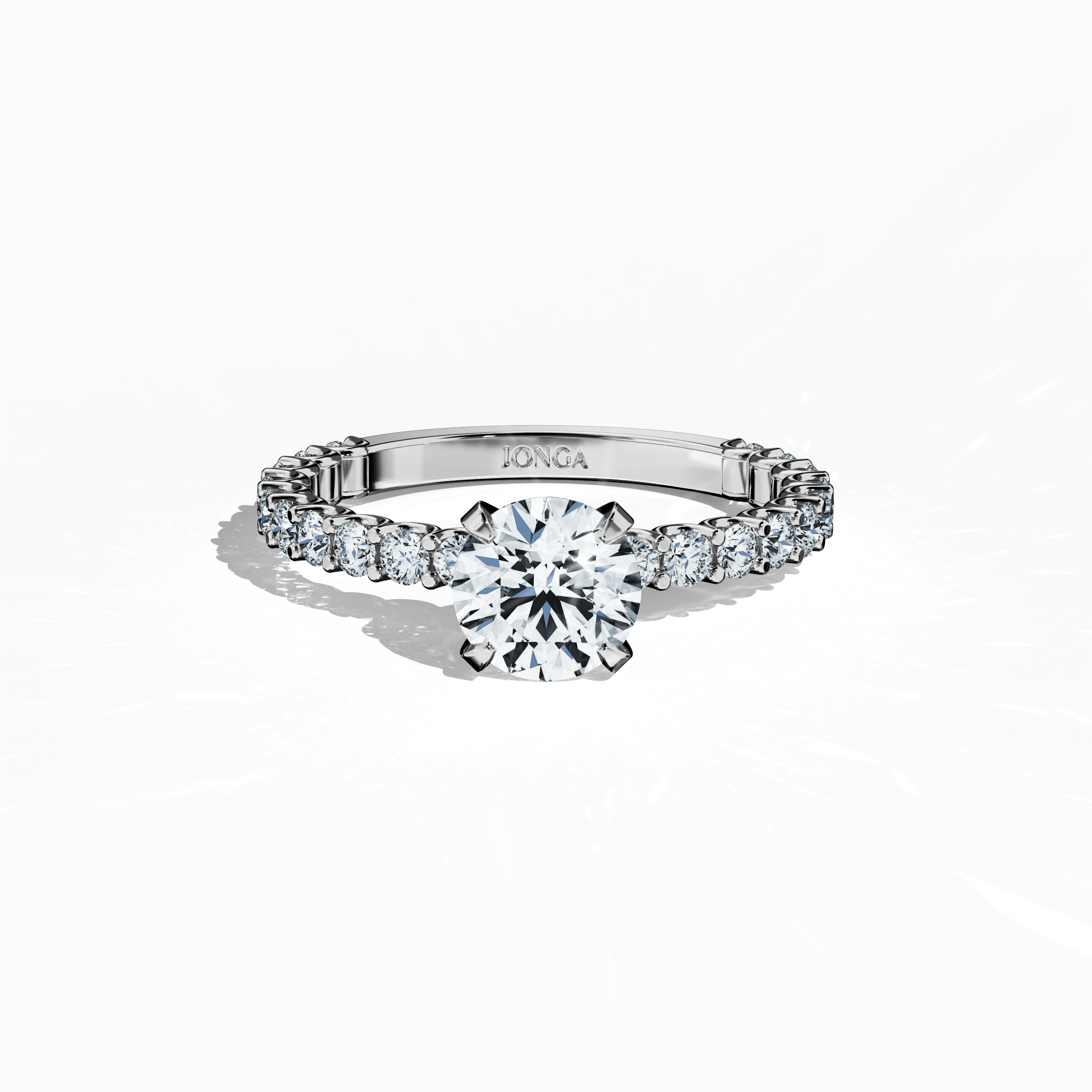 Sleeping front top view of a белое золото solitaire Eternity ring, showcasing a dazzling 1 карат center/centre diamond and 0.80 карат side diamonds in a four-nail prong setting. The refined craftsmanship makes this a perfect solitaire ring, eternity band, or diamond wedding ring. Fine Украшения/fine Ювелирные изделия lovers appreciate its elegance. Keywords: белое золото, eternity ring, diamond band, engagement ring, wedding band, bridal Украшения, 1.80 карат, luxury diamond ring.