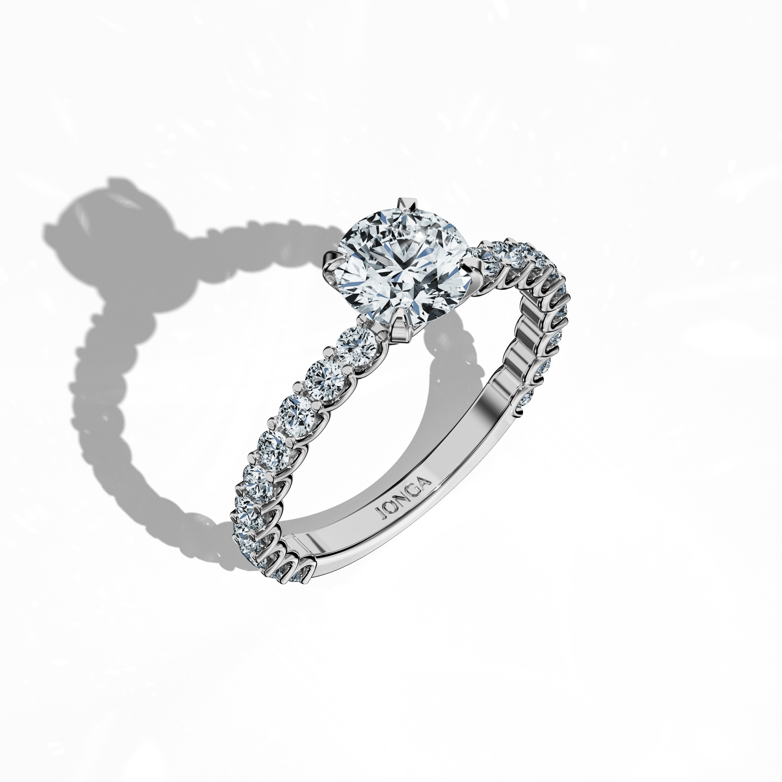 "Sleeping front top view of a белое золото solitaire Eternity ring, showcasing a dazzling 1 карат center/centre diamond and 0.80 карат side diamonds in a four-nail prong setting. The refined craftsmanship makes this a perfect solitaire ring, eternity band, or diamond wedding ring. Fine Украшения/fine Ювелирные изделия lovers appreciate its elegance. Keywords: белое золото, eternity ring, diamond band, engagement ring, wedding band, bridal Украшения, 1.80 карат, luxury diamond ring.