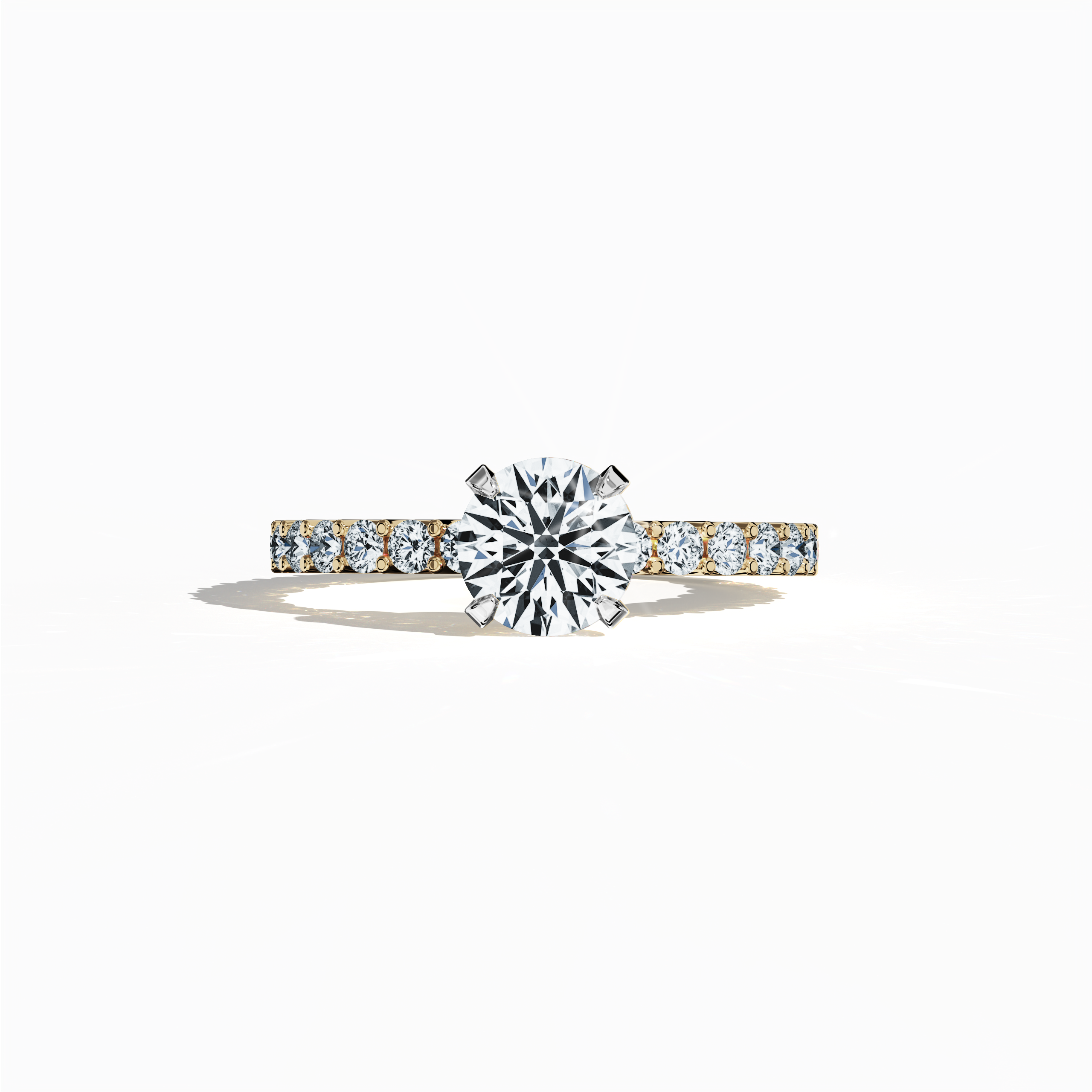 жёлтое золото solitaire Eternity ring with a brilliant 1 карат center/centre diamond and 0.80 карат side diamonds in a four-nail prong setting. This front-facing sleeping view showcases its classic charm, making it a favored solitaire ring, eternity band, or wedding band. A cherished fine Украшения/fine Ювелирные изделия piece for weddings or anniversaries. Keywords: жёлтое золото, diamond eternity ring, bridal Украшения/Ювелирные изделия, luxury ring, 1.80 карат diamond, engagement, classic elegance.
