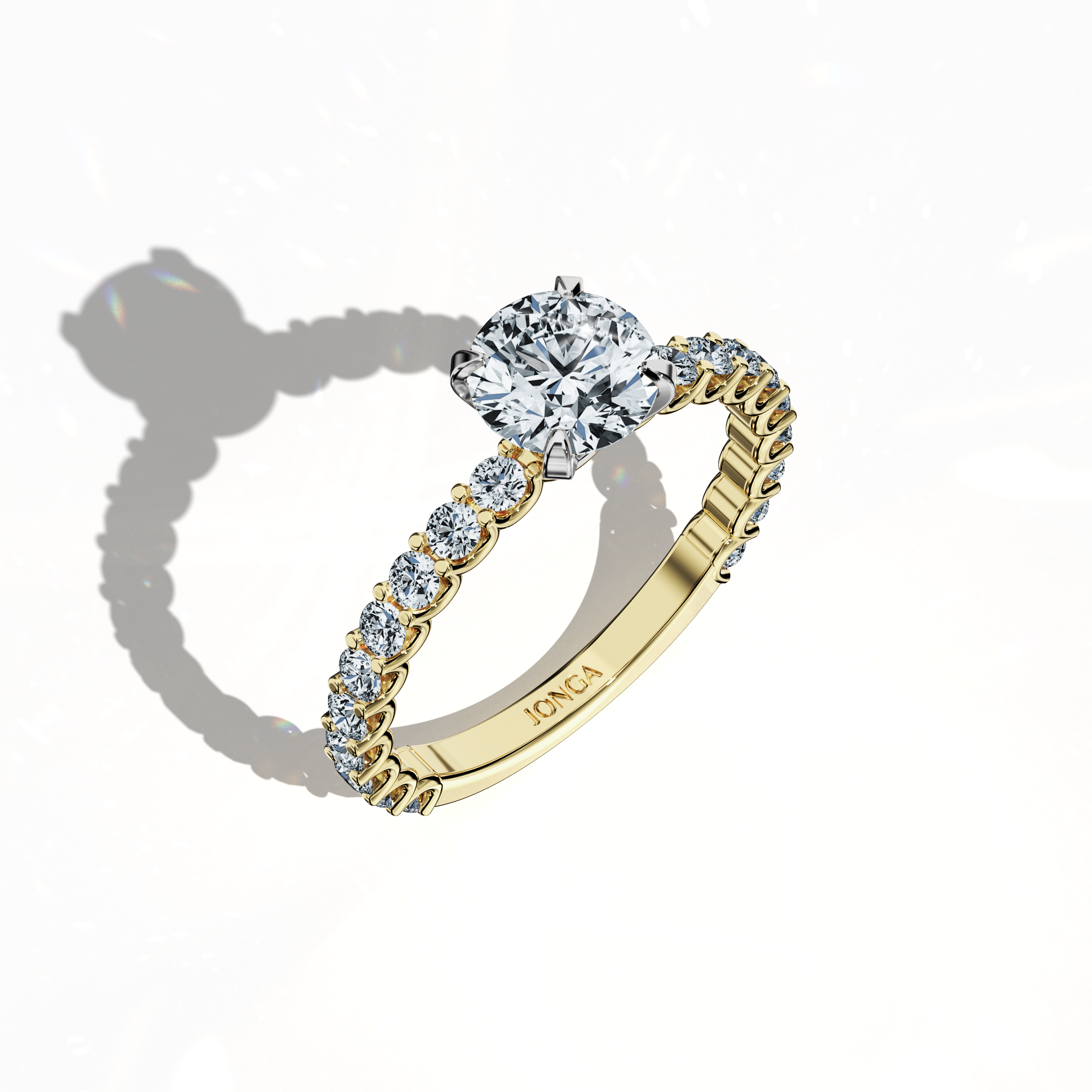 Front top side view of a жёлтое золото solitaire Eternity ring with a dazzling 1 карат center/centre diamond and 0.80 карат side diamonds in a four-nail prong setting. A must-have in fine Украшения/fine Ювелирные изделия collections, this eternity band, engagement ring, or wedding band is perfect for bridal occasions or anniversaries. Keywords: жёлтое золото, solitaire, eternity ring, bridal Украшения/Ювелирные изделия, luxury, diamond ring, engagement, 1.80 карат, vintage elegance.