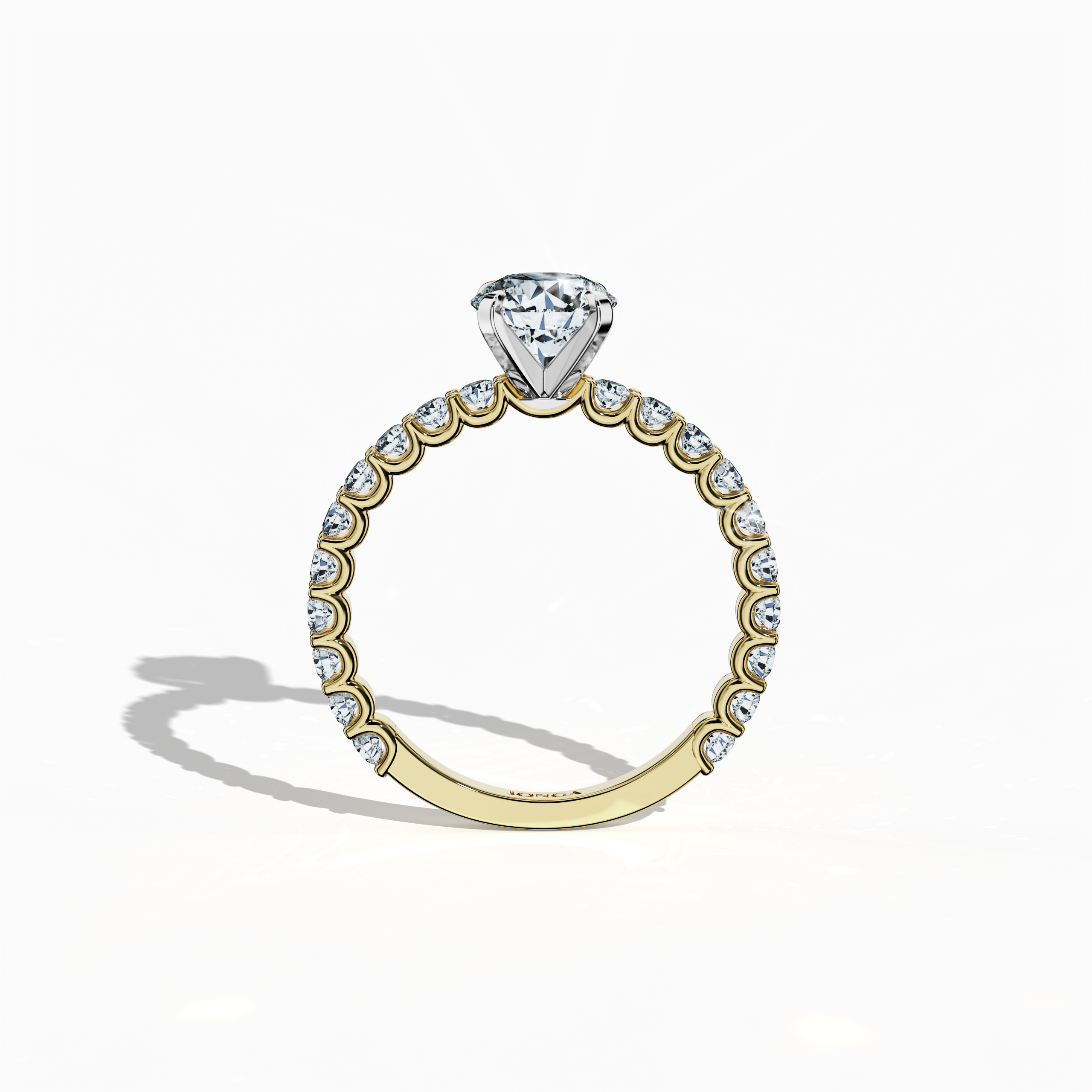 Standing front view of a жёлтое золото solitaire Eternity ring featuring a captivating 1 карат center/centre diamond and 0.80 карат side diamonds in a four-nail prong setting. This luxurious fine Украшения/fine Ювелирные изделия piece is admired as an engagement ring, diamond eternity band, or wedding band, offering a vintage-inspired yet modern aesthetic. Keywords: жёлтое золото, diamond eternity band, solitaire ring, wedding Украшения/Ювелирные изделия, bridal, 1.80 карат, vintage-inspired elegance.