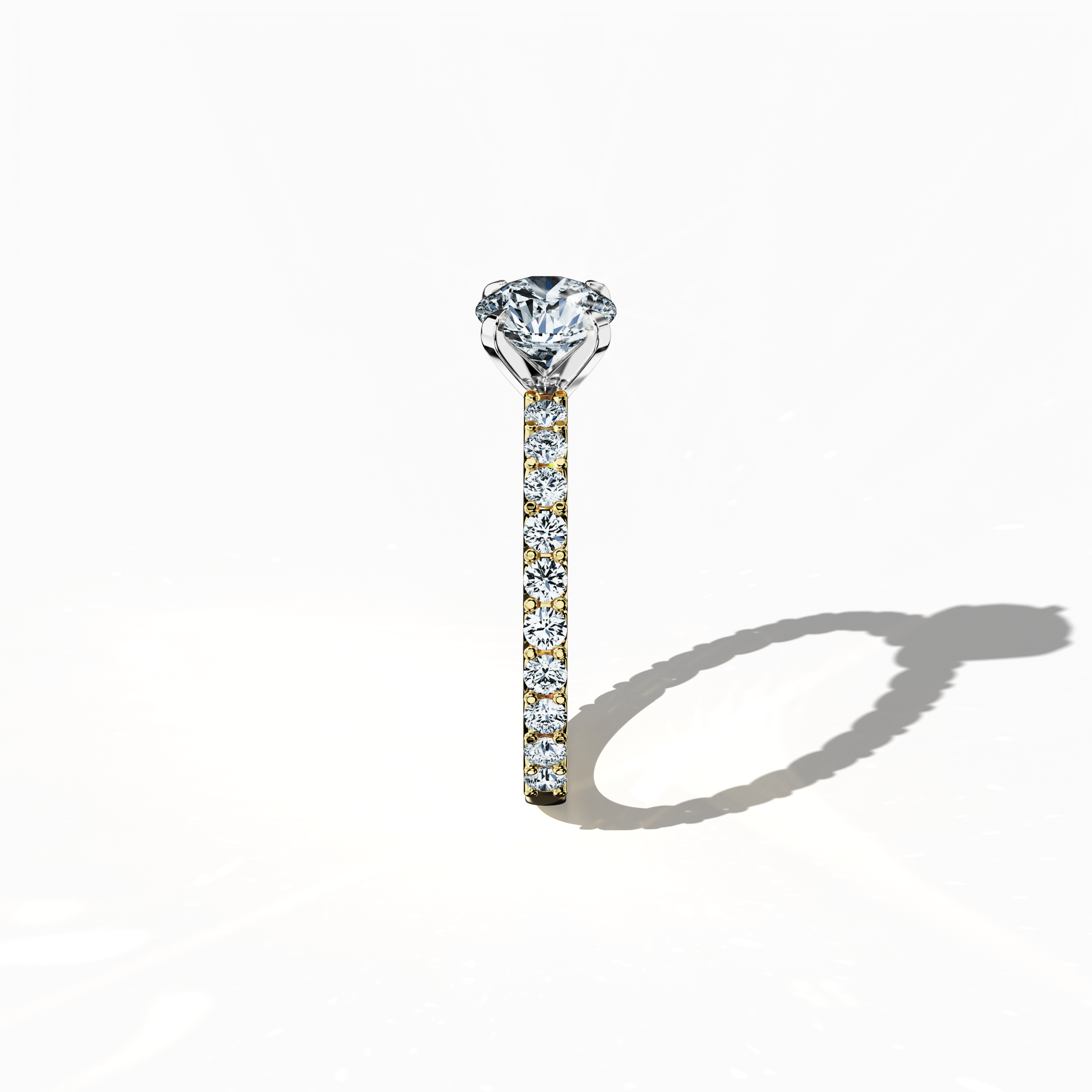 Side profile of a жёлтое золото solitaire Eternity ring, highlighting a 1 карат center/centre diamond and 0.80 карат side diamonds in a four-nail prong setting. A timeless favorite for engagements, bridal, or anniversary Украшения/Ювелирные изделия, this ring is also recognized as a wedding band or diamond eternity band. A true classic. Keywords: жёлтое золото, solitaire, diamond eternity band, luxury ring, fine Украшения, engagement, 1.80 карат, vintage charm.