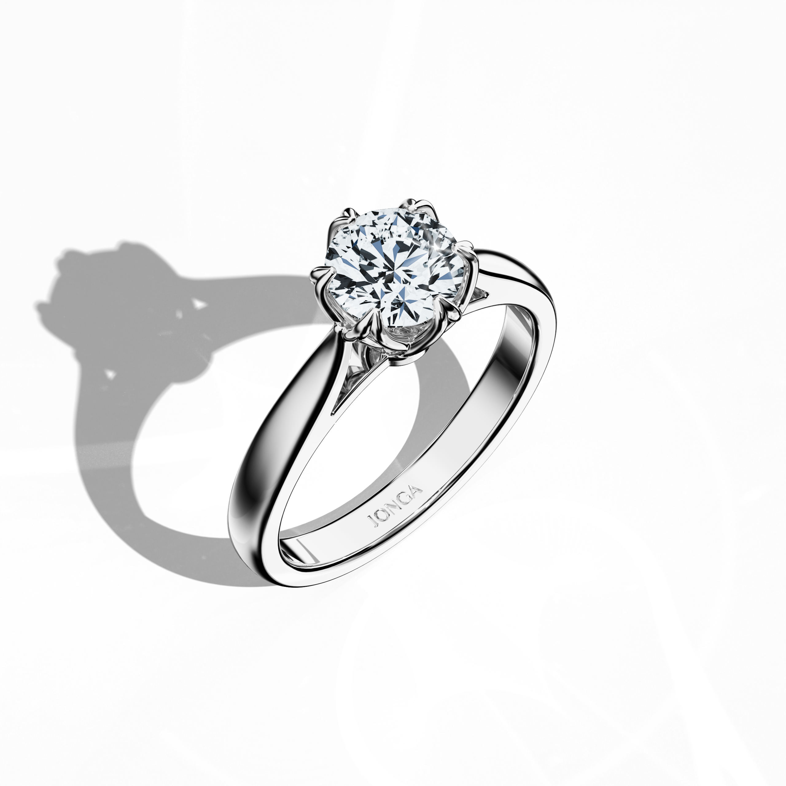 Stylish 1‑carat lotus solitaire ring featuring a 1‑carat center diamond in a lotus‑inspired setting with six uniform prongs and a uniquely twisted band, all in bright белое золото. Captured from a standing front top side angle, this fine Украшения/fine Ювелирные изделия ring emphasizes its exceptional diamond brilliance and contemporary design.