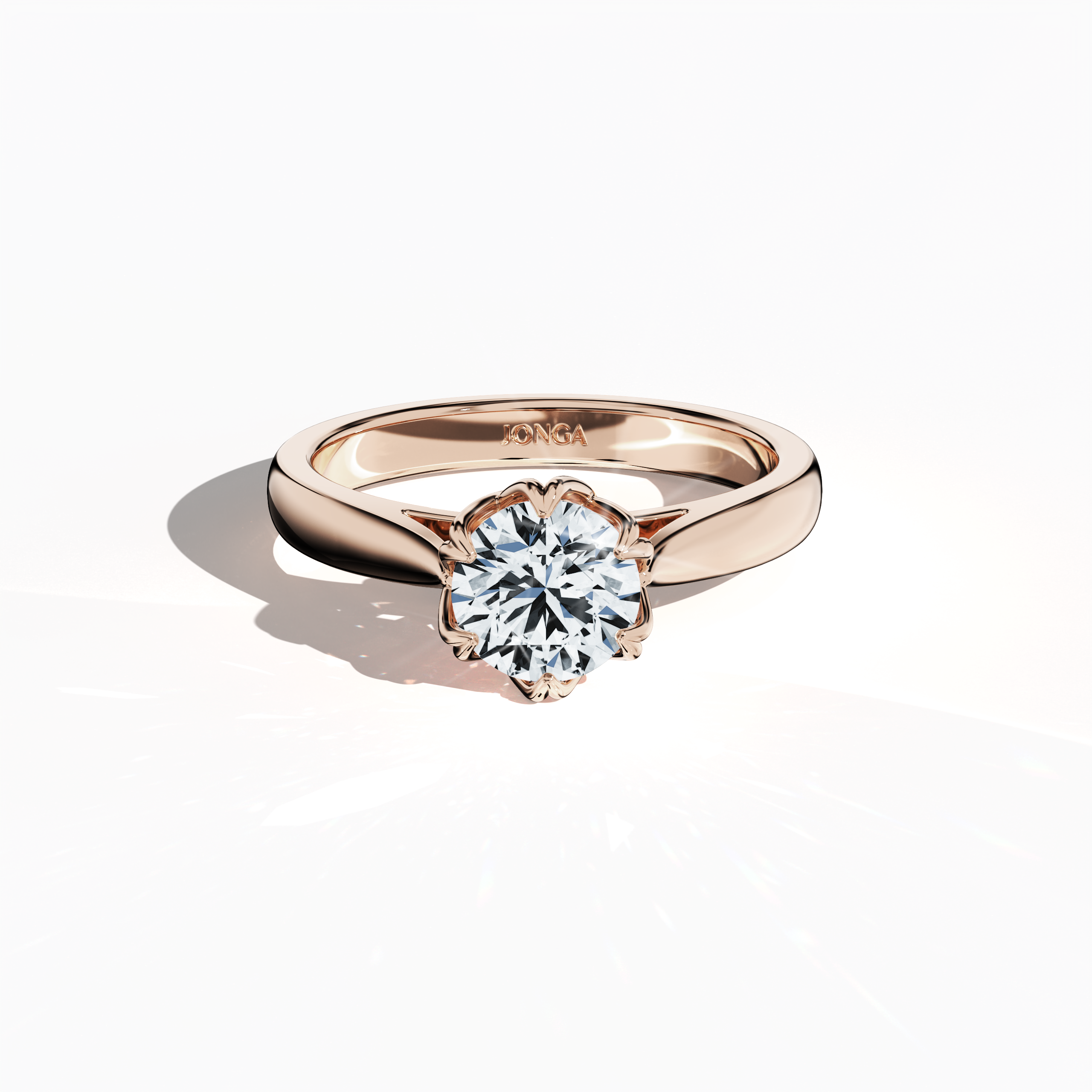 Elegant 1‑carat lotus solitaire ring with a 1‑carat center diamond set in an artistic lotus‑inspired design, with six uniform prongs and a twisted band, all in soft розовое золото (blush/pink gold). Captured from a sleeping front top view, this fine Украшения/fine Ювелирные изделия ring highlights its delicate curves and luminous, romantic finish.