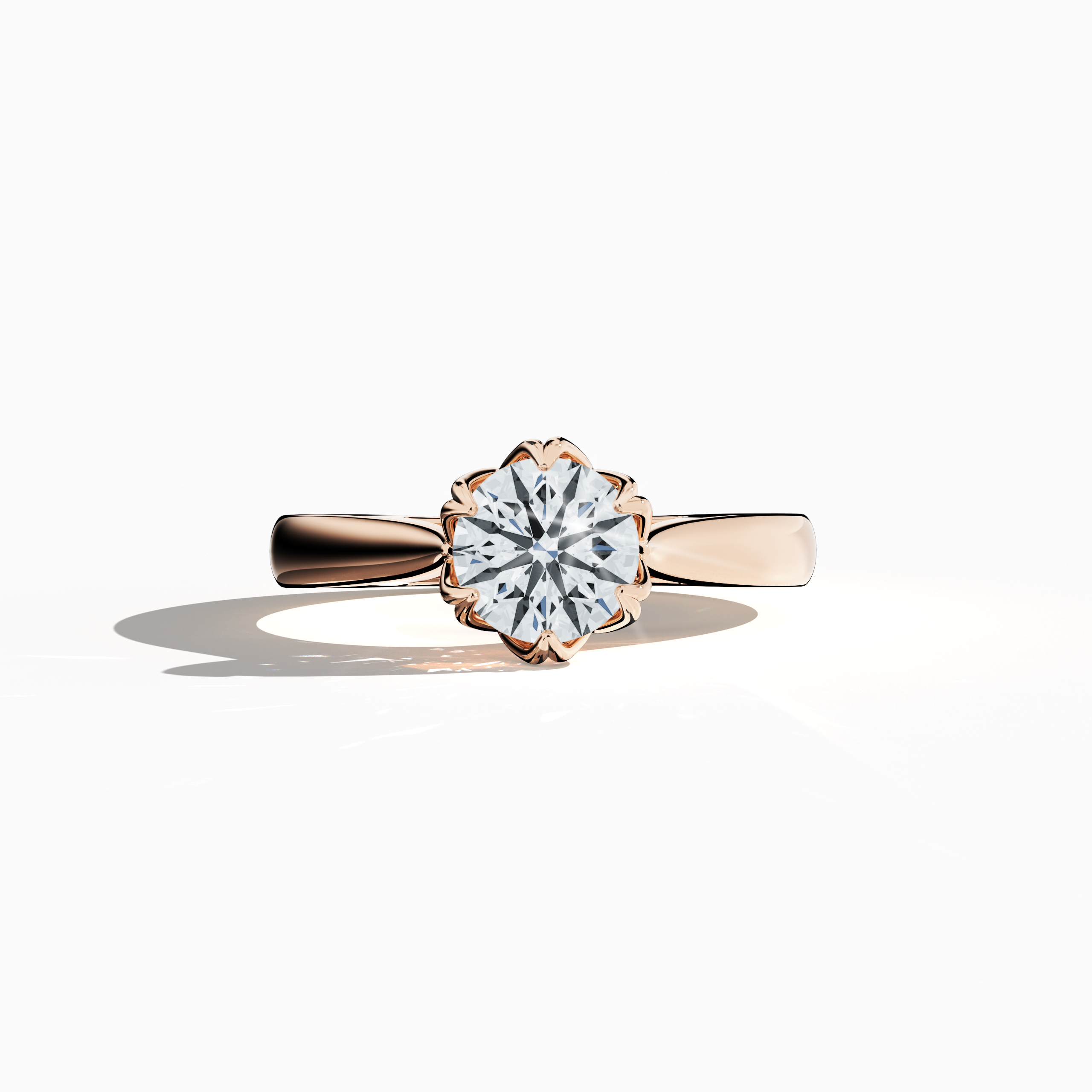 1‑carat lotus solitaire ring with a 1‑carat center diamond in a lotus‑inspired design, featuring a six‑prong setting and a uniquely twisted band, all crafted entirely in soft розовое золото (blush/pink gold). Shown in a sleeping front view on a flat surface, this fine Украшения/fine Ювелирные изделия ring radiates warm, romantic elegance and modern style.