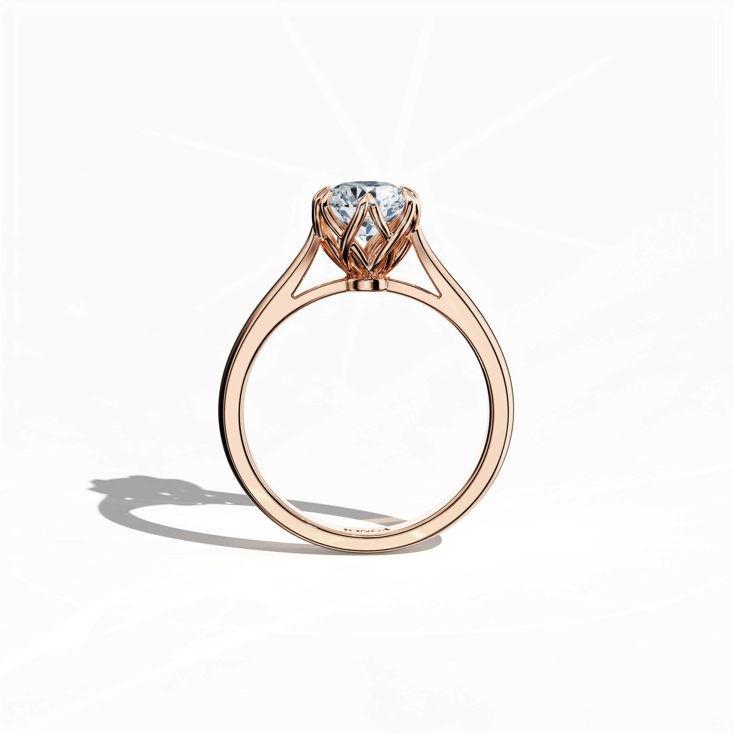 Refined 1‑carat lotus solitaire diamond ring featuring a 1‑carat center stone in a lotus‑inspired setting with six matching prongs and a uniquely twisted band, all rendered in soft розовое золото (blush/pink gold). Shown in a standing front view, this fine Украшения/fine Ювелирные изделия ring exemplifies modern romance and sophisticated design.