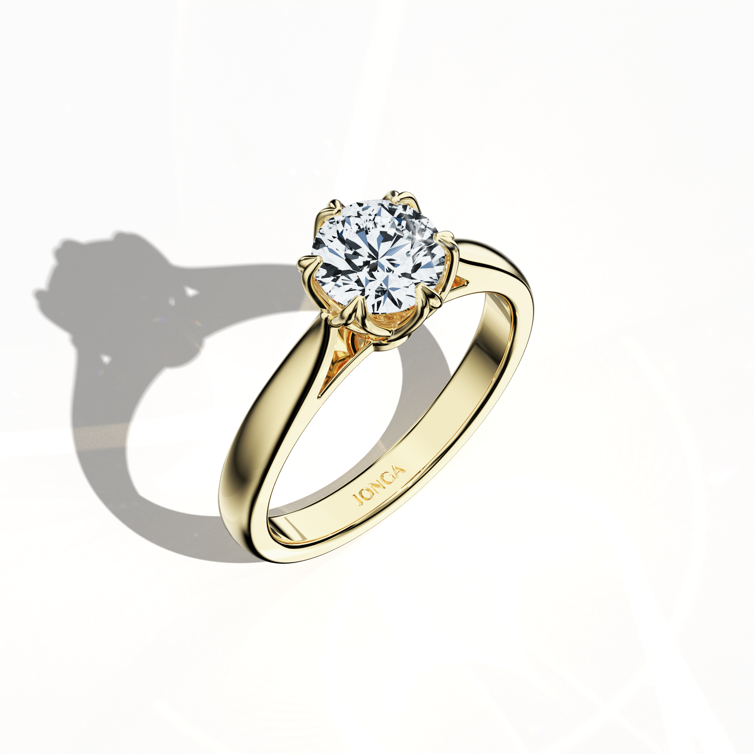 Stylish 1‑carat lotus solitaire ring featuring a 1‑carat center diamond in a lotus‑inspired setting with six matching prongs and a uniquely twisted band, all crafted entirely in rich жёлтое золото (classic/warm жёлтое золото). Captured from a standing front top side angle, this fine Украшения/fine Ювелирные изделия ring emphasizes its brilliant diamond and dynamic, vibrant design.