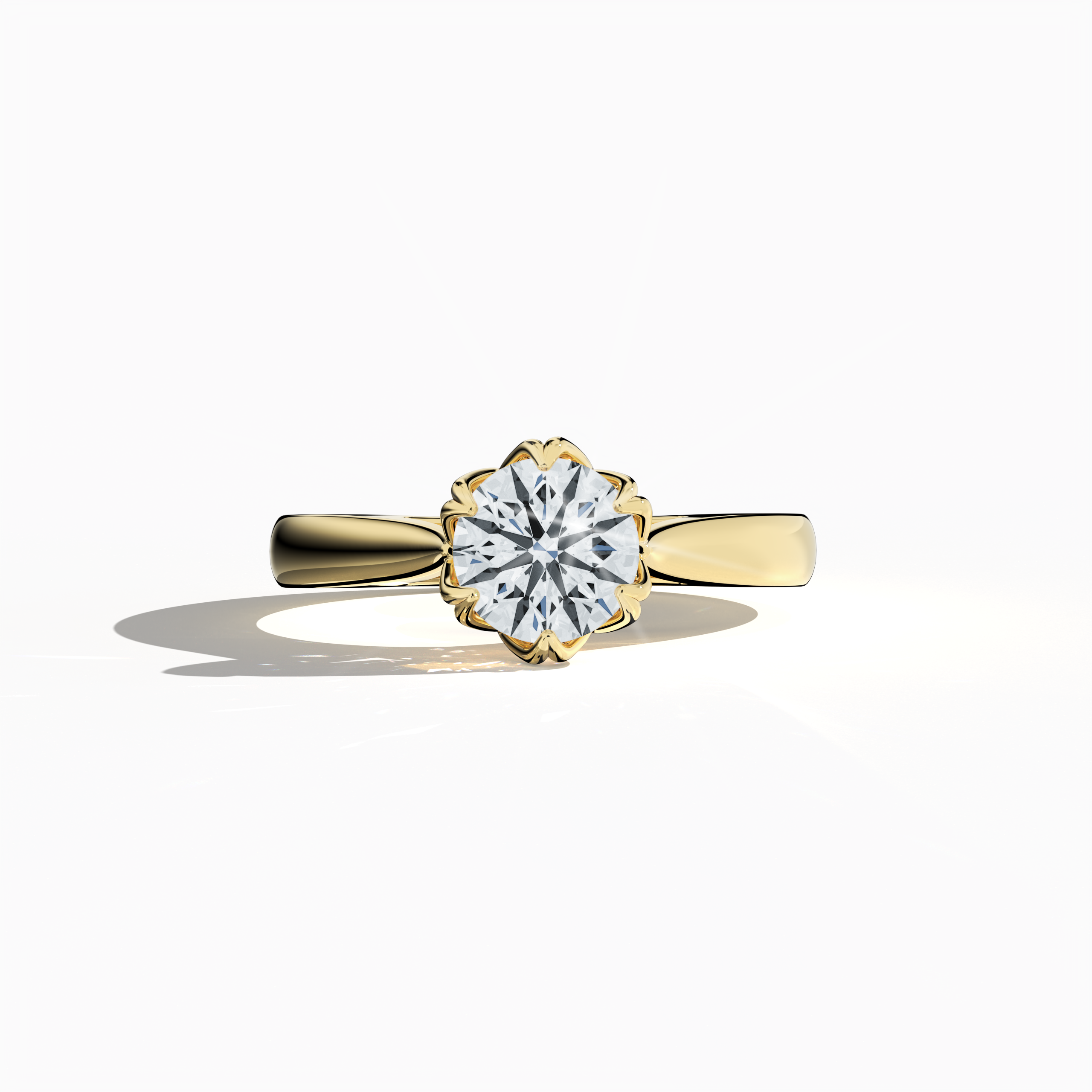 1‑carat lotus solitaire ring with a 1‑carat center diamond in a lotus‑inspired design, featuring a six‑prong setting and a uniquely twisted band, all crafted entirely in rich жёлтое золото (classic/warm жёлтое золото). Shown in a sleeping front view on a flat surface, this fine Украшения/fine Ювелирные изделия ring exudes bold, radiant elegance and contemporary style.