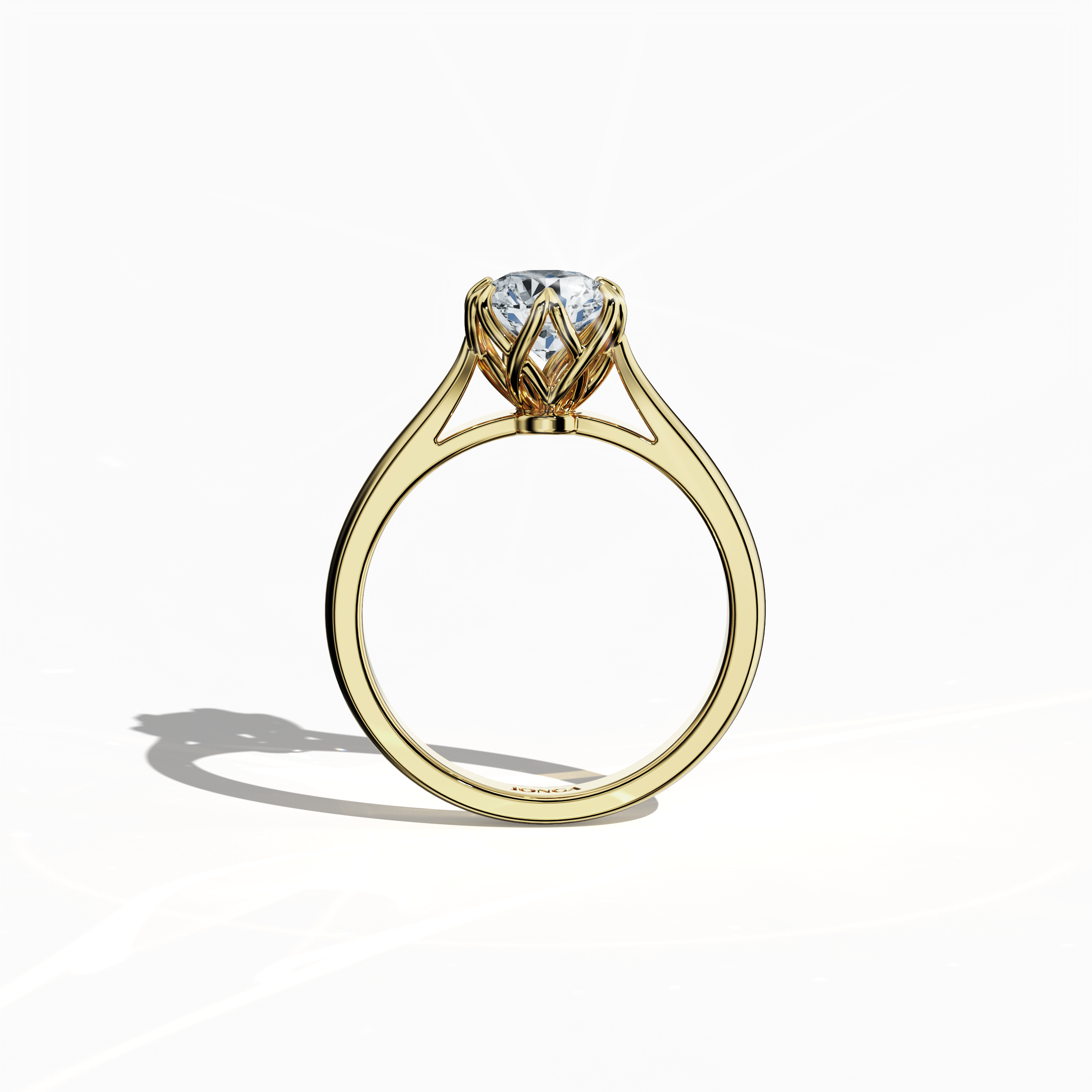 Refined 1‑carat lotus solitaire diamond ring featuring a 1‑carat center stone in a lotus‑inspired setting, secured by six matching prongs and a uniquely twisted band, all rendered in rich жёлтое золото (classic/warm жёлтое золото). Shown in a standing front view, this fine Украшения/fine Ювелирные изделия ring exhibits a balanced silhouette and a vibrant, luxurious glow.