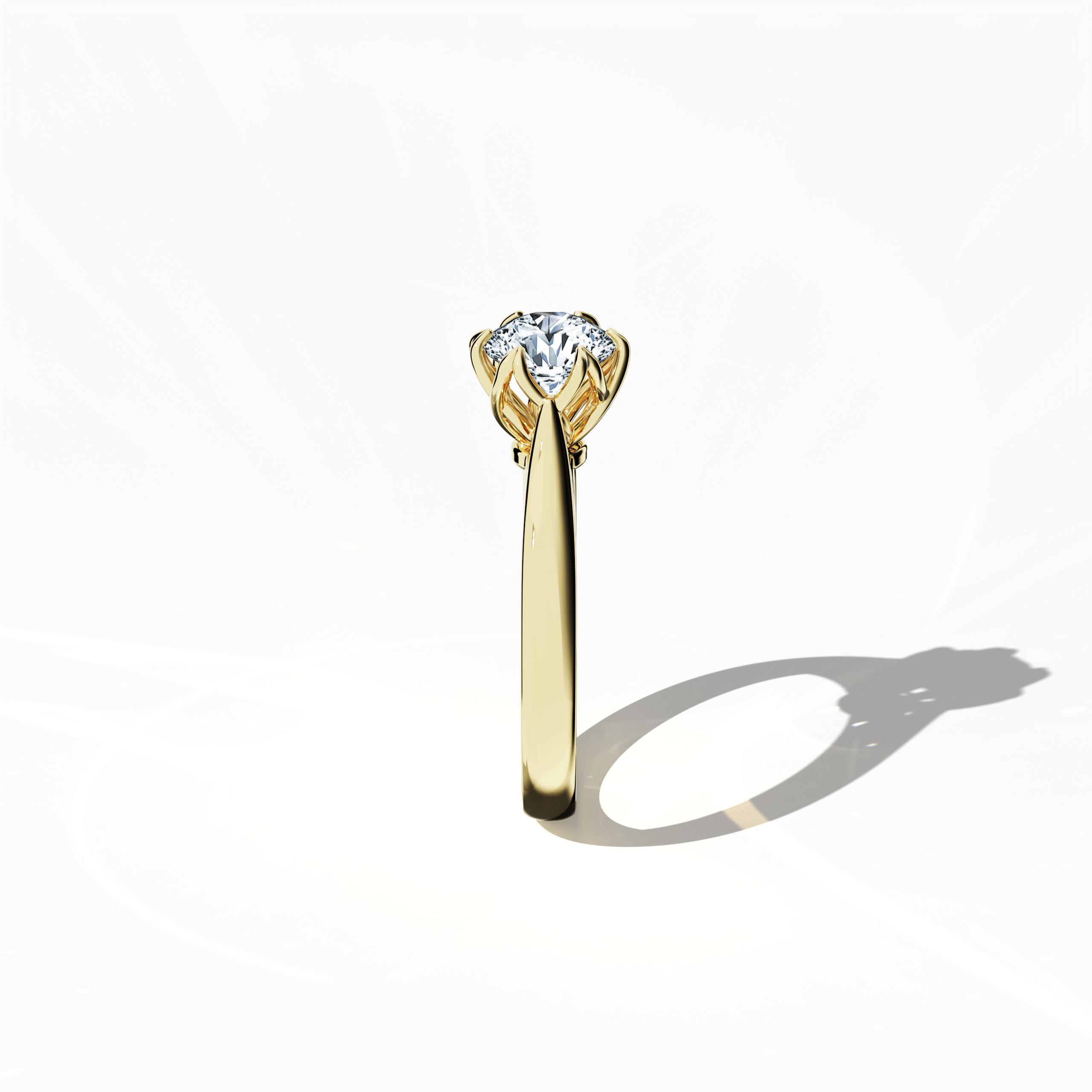 Modern 1‑carat lotus solitaire ring with a 1‑carat center diamond in a lotus‑inspired design, featuring six matching prongs and a uniquely twisted band, all in rich жёлтое золото (classic/warm жёлтое золото). Photographed from a standing side view, this fine Украшения/fine Ювелирные изделия ring reveals its elegant contours and warm, robust finish.