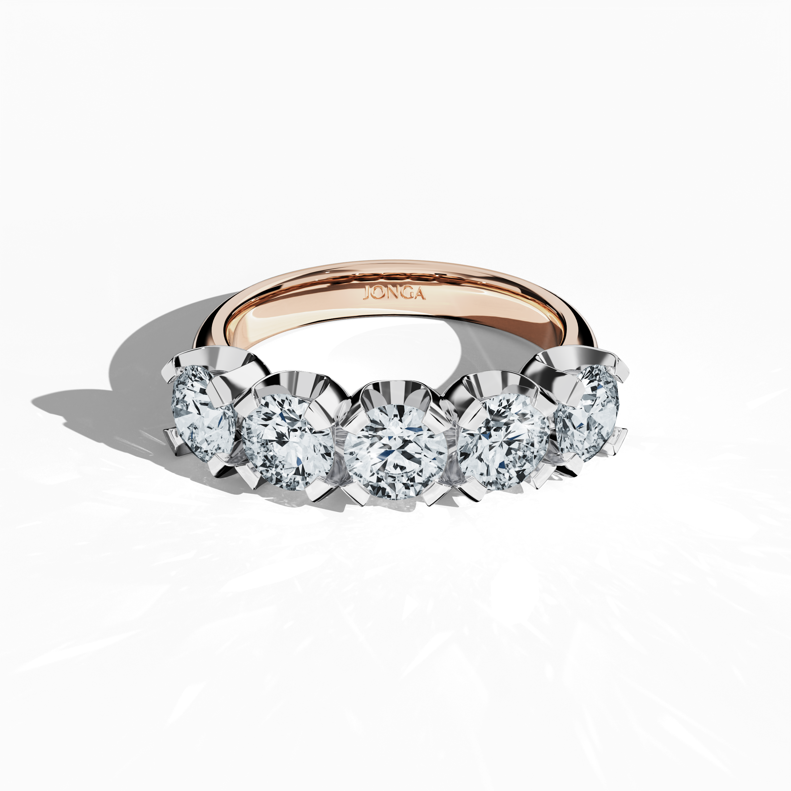 Fashioned in luminous розовое золото, this Five Crown ring presents 2.50 carats total with five 0.50‐carat diamonds held by four prongs. Captured from a sleeping front top view, the image accentuates the ring’s gentle curves and intricate band design. Employing diverse Украшения nomenclature—ring, band, Ювелирные изделия, ornament—it is celebrated as Five Crown Ring, Five Stone Ring, Quintet Diamond Ring, Five Gem Ring, Crowned Five Ring, and Penta Stone Ring. Keywords: elegance, allure, luxury.