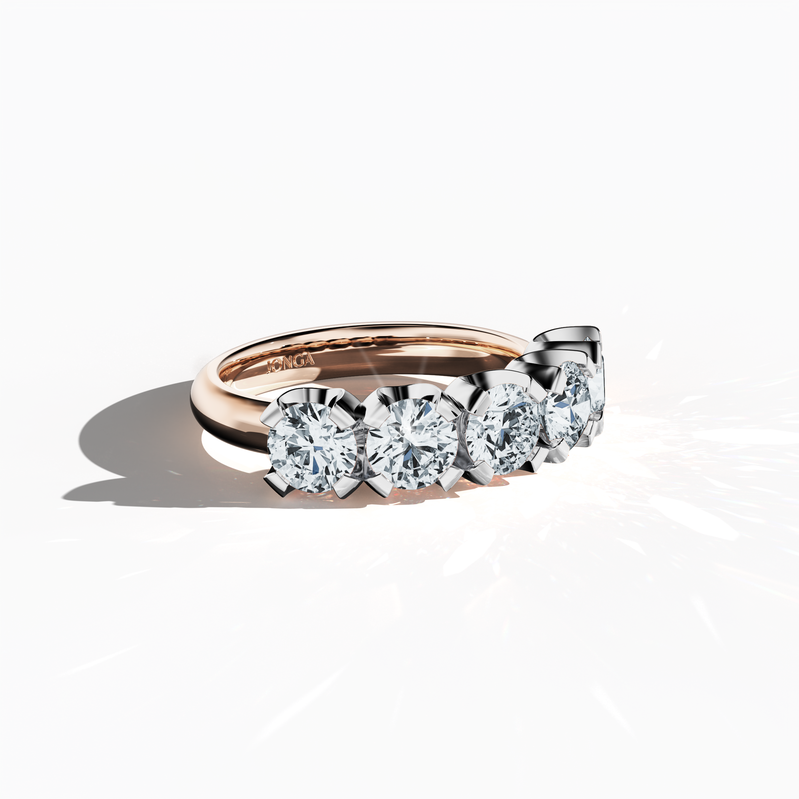 This elegant розовое золото Five Crown ring, totaling 2.50 carats with five 0.50‐carat diamonds set in four prongs, is depicted in a captivating sleeping side view. The perspective emphasizes its smooth profile and detailed band design enriched by a rosy glow. Using varied Украшения descriptors—ring, band, Ювелирные изделия, and ornament—it is known as Five Crown Ring, Five Stone Ring, Quintet Diamond Ring, Five Gem Ring, Crowned Five Ring, and Penta Stone Ring. Keywords: luxury, warmth, refinement.