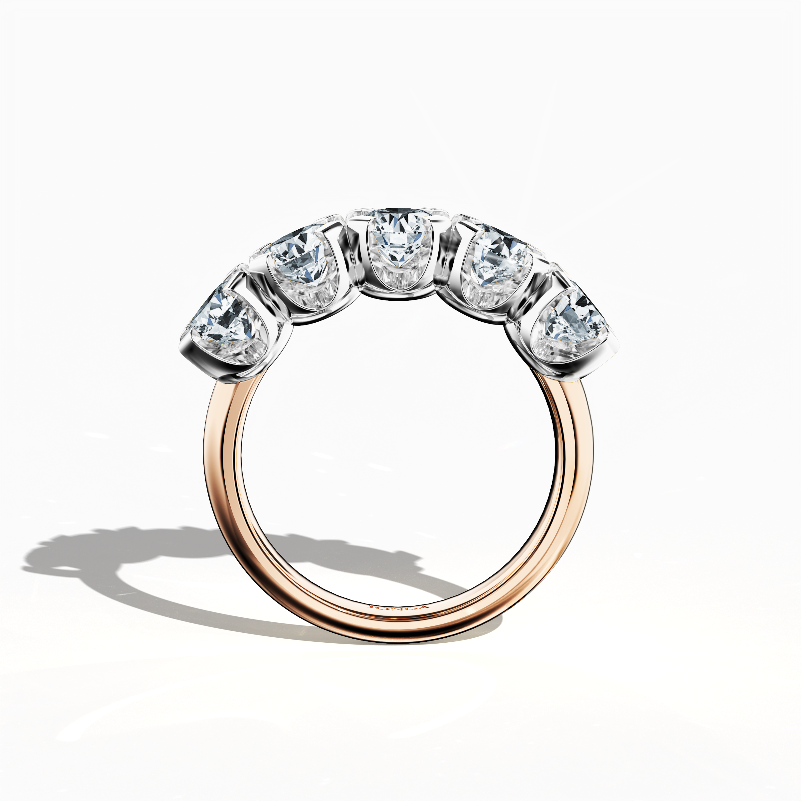 In radiant розовое золото, this Five Crown ring showcases 2.50 carats total with five 0.50‐carat diamonds, each secured by four prongs. Shown in a standing front view, the image highlights its vivid hue and impeccable band craftsmanship. Embracing global Украшения vocabulary—ring, band, Ювелирные изделия, and ornament—it is recognized as Five Crown Ring, Five Stone Ring, Quintet Diamond Ring, Five Gem Ring, Crowned Five Ring, and Penta Stone Ring. Keywords: sophistication, brilliance, charm.