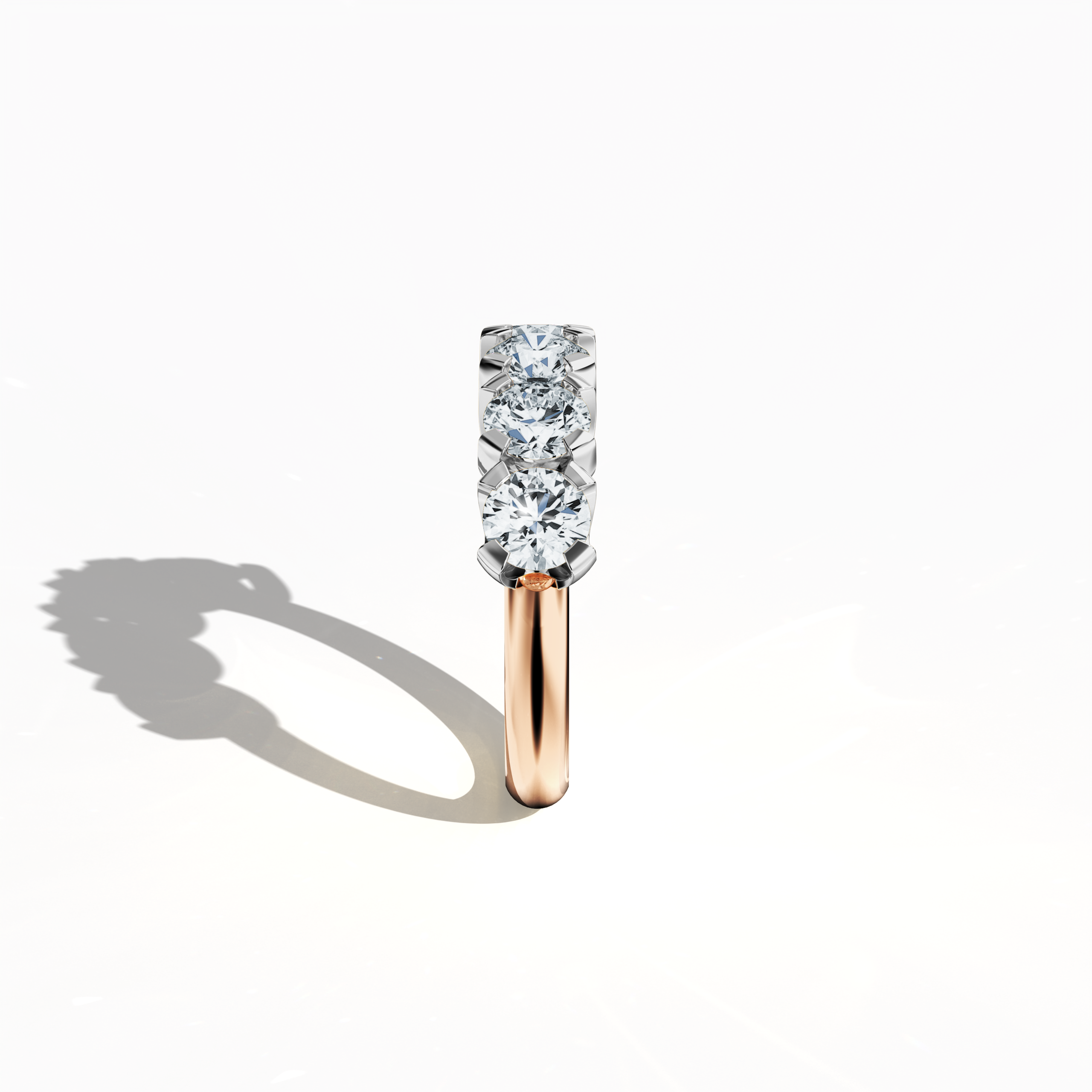 This elegant розовое золото Five Crown ring, totaling 2.50 carats with five 0.50‐carat diamonds set in four prongs, is depicted in a captivating standing side view. The perspective emphasizes its smooth profile and detailed band design enriched by a rosy glow. Using varied Украшения descriptors—ring, band, Ювелирные изделия, and ornament—it is known as Five Crown Ring, Five Stone Ring, Quintet Diamond Ring, Five Gem Ring, Crowned Five Ring, and Penta Stone Ring. Keywords: luxury, warmth, refinement.