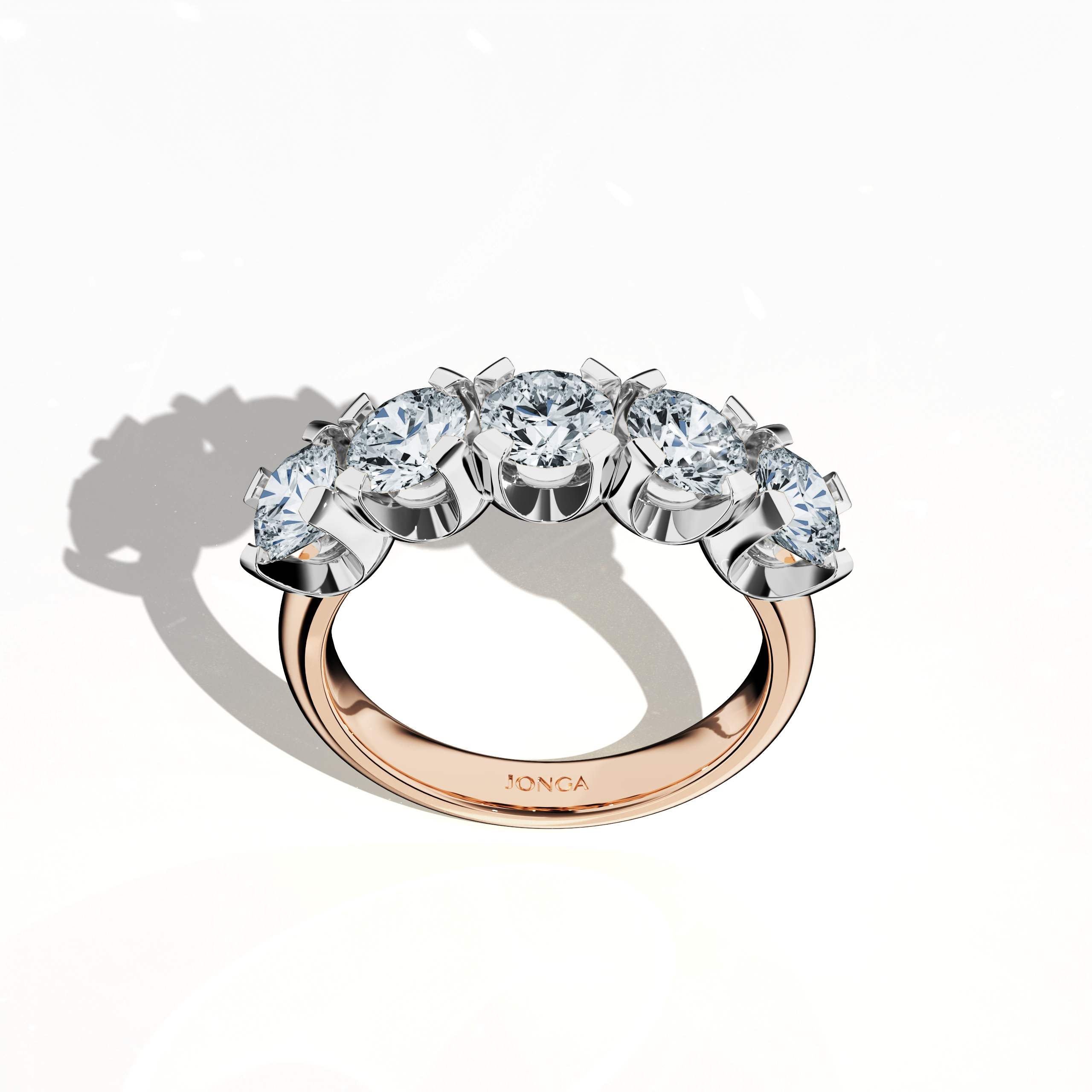 Rendered in soft розовое золото, this Five Crown ring features 2.50 carats total with five precise 0.50‐carat diamonds, each held by four prongs. Captured from a standing top view, the image reveals dynamic angles and the ring’s graceful band design. Utilizing diverse Украшения descriptors—ring, band, Ювелирные изделия, ornament—it is celebrated as Five Crown Ring, Five Stone Ring, Quintet Diamond Ring, Five Gem Ring, Crowned Five Ring, and Penta Stone Ring. Keywords: elegance, charm, luxury.