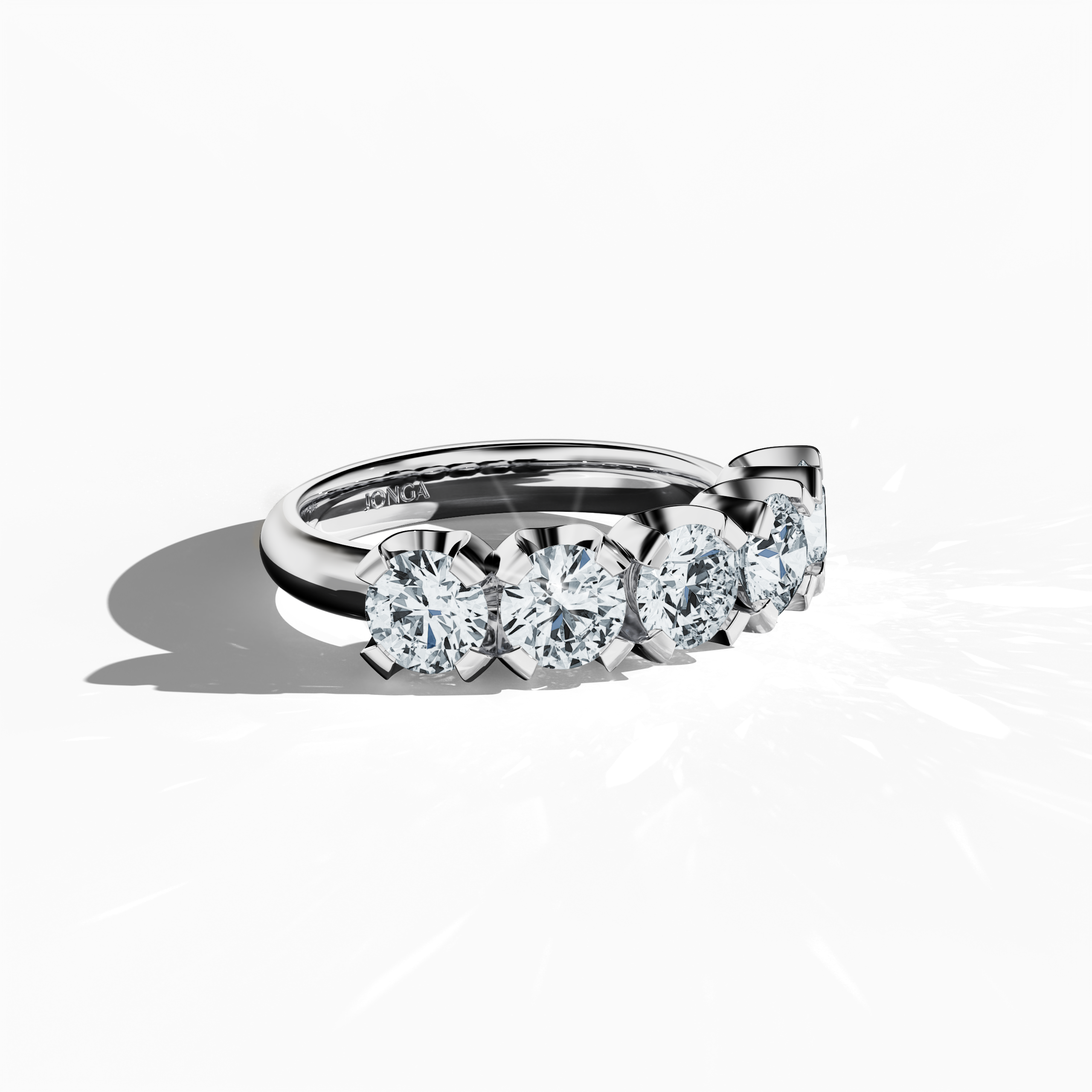 This белое золото Five Crown ring, totaling 2.50 carats with five 0.50‐carat diamonds held by four prongs, is presented in a striking sleeping side view. The angle accentuates its sleek profile and the intricate detail of the polished band. Reflecting varied Украшения language—ring, band, Ювелирные изделия, and ornament—it is also termed Five Crown Ring, Five Stone Ring, Quintet Diamond Ring, Five Gem Ring, Crowned Five Ring, and Penta Stone Ring. Keywords: elegance, brilliance, luxury.