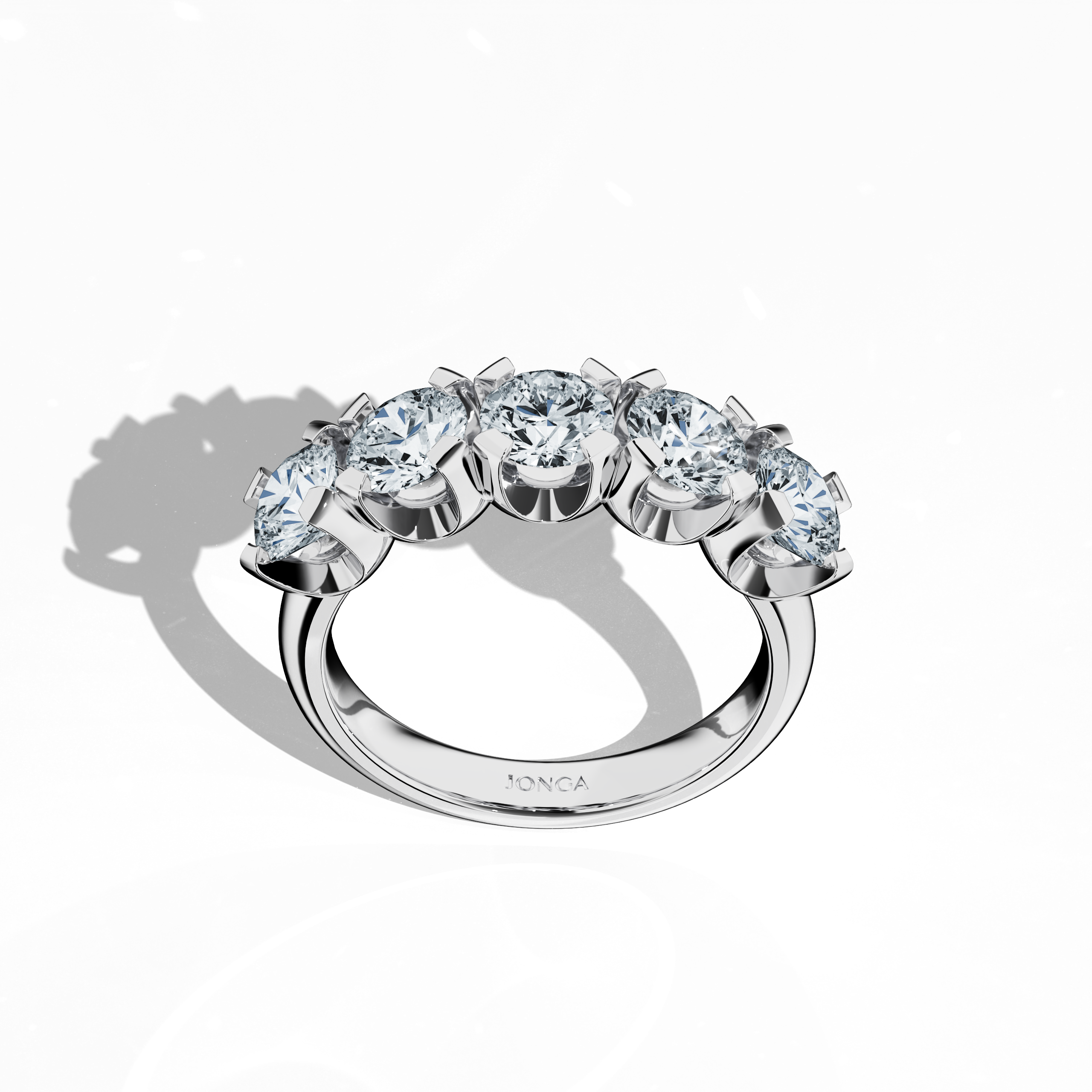 Rendered in luminous белое золото, this Five Crown ring displays 2.50 carats total with five flawless 0.50‐carat diamonds, each held by four prongs. Captured from a standing top view, the image reveals dynamic angles and a sophisticated band design. Using diverse Украшения descriptors—ring, band, Ювелирные изделия, ornament—it is also known as Five Crown Ring, Five Stone Ring, Quintet Diamond Ring, Five Gem Ring, Crowned Five Ring, and Penta Stone Ring. Keywords: luxury, refinement, brilliance.