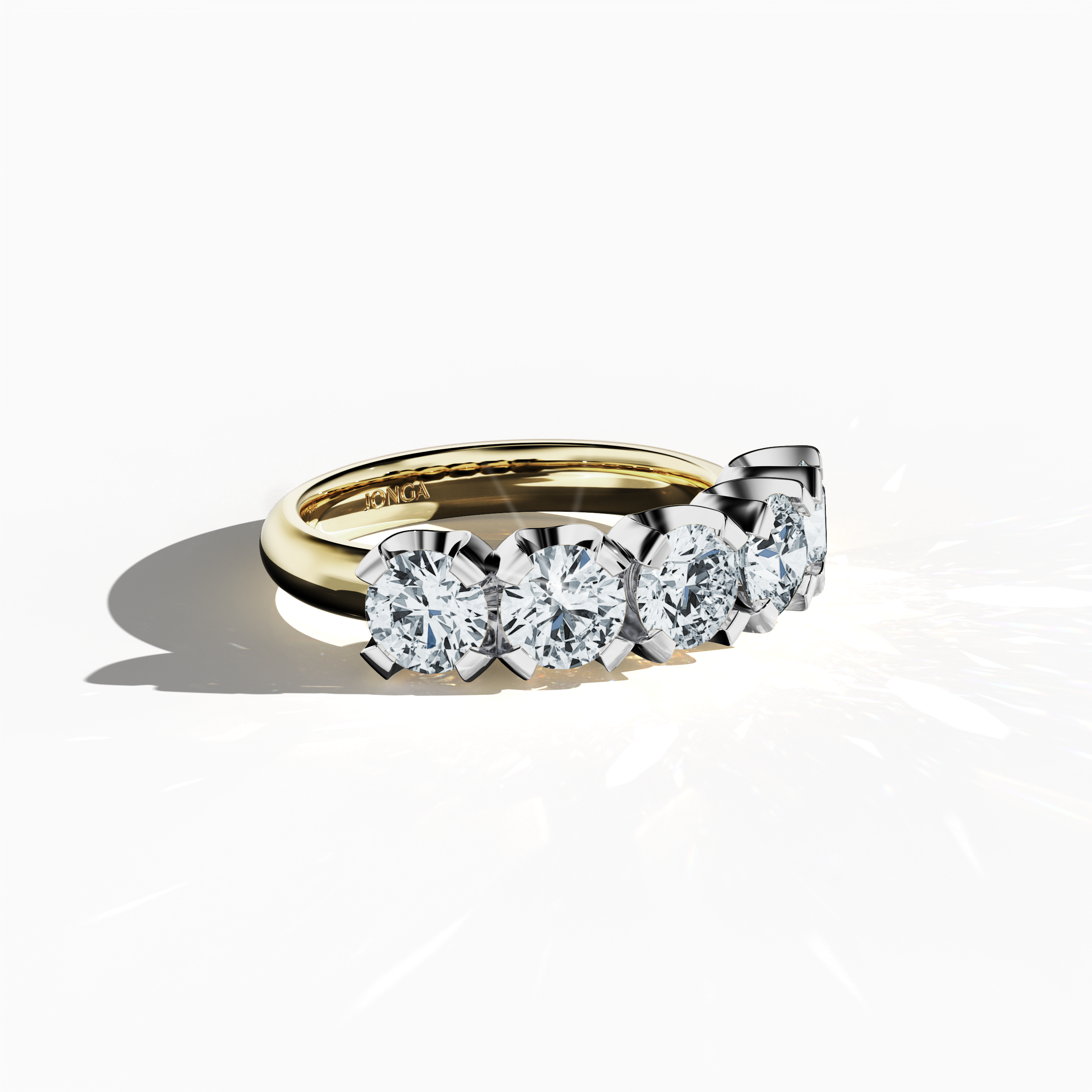 This yellow gold Five Crown ring, offering 2.50 carats total with five 0.50‐carat diamonds secured by four prongs, is depicted in an impressive sleeping side view. The perspective highlights its bold profile and intricately detailed band design glowing with rich gold tones. Using varied jewelry descriptors—ring, band, jewellery, and ornament—it is celebrated as Five Crown Ring, Five Stone Ring, Quintet Diamond Ring, Five Gem Ring, Crowned Five Ring, and Penta Stone Ring. Keywords: luxury, sophistication, al