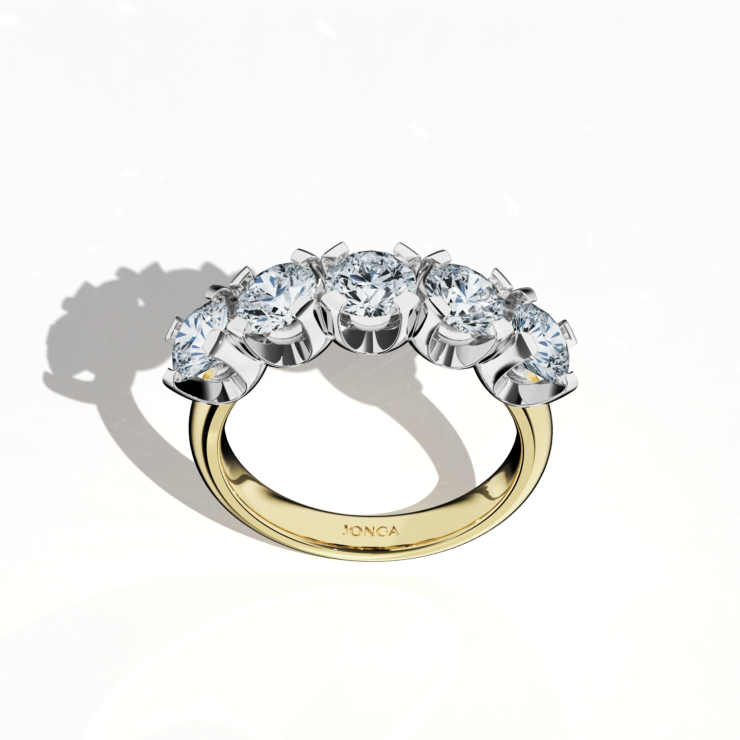 Rendered in luminous жёлтое золото, this Five Crown ring displays 2.50 carats total with five sparkling 0.50‐carat diamonds, each held by four prongs. Captured from a standing top view, the image showcases dynamic angles and its refined band design. Incorporating diverse Украшения terms—ring, band, Ювелирные изделия, and ornament—it is known as Five Crown Ring, Five Stone Ring, Quintet Diamond Ring, Five Gem Ring, Crowned Five Ring, and Penta Stone Ring. Keywords: luxury, elegance, brilliance.
