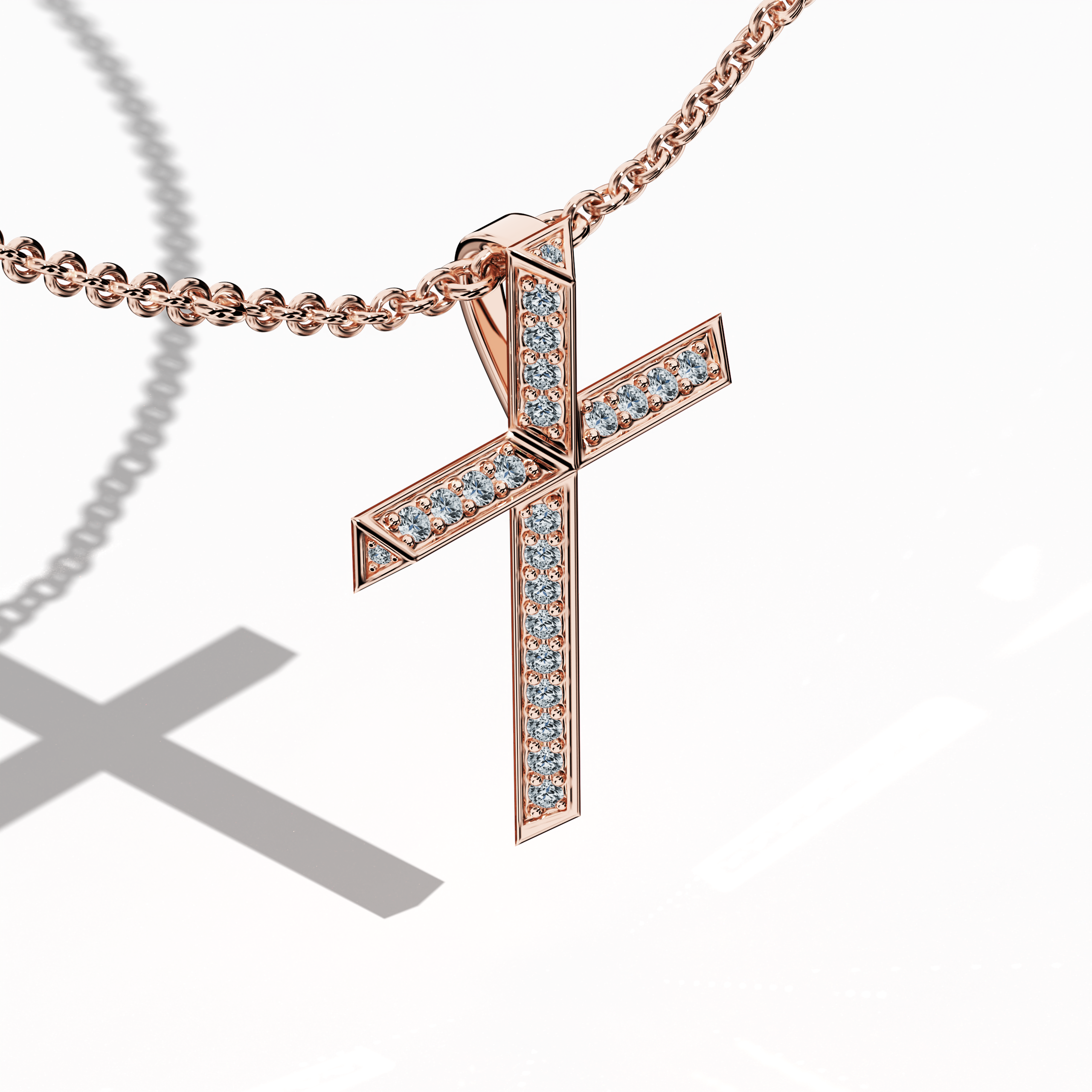A detailed front-top perspective of a розовое золото diamond cross pendant, showcasing its sophisticated dual-layer structure adorned with brilliant-cut diamonds. This elevated cross necklace offers depth and dimension, with variations referred to as a multi-layer crucifix, contemporary розовое золото faith pendant, stacked gem cross. Keywords: розовое золото faith Украшения, premium gemstone necklace, diamond cross for women, fine Украшения.