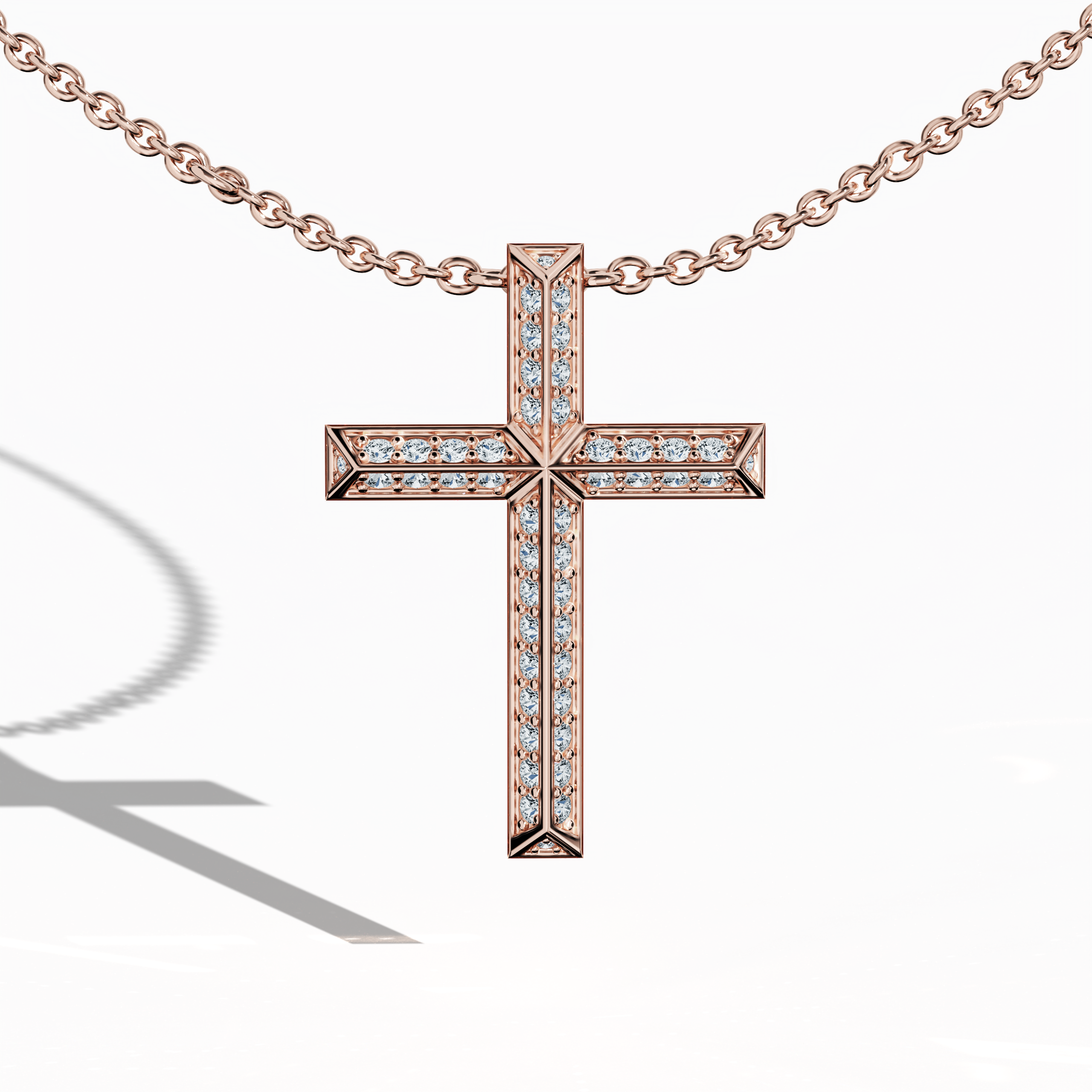 This two-step diamond cross pendant is set in romantic rose gold, featuring a double-tiered design with pavé-set diamonds totaling up to 0.40 carats. A blend of faith and contemporary elegance, this design is called a dual-step diamond cross, elegant gemstone crucifix, rose gold layered cross, and stacked diamond cross pendant. Rose gold is also known as or rose, oro rosa, rotgold, pink gold. Keywords: rose gold cross pendant, luxury jewelry, romantic faith necklace, gemstone diamond pendant.