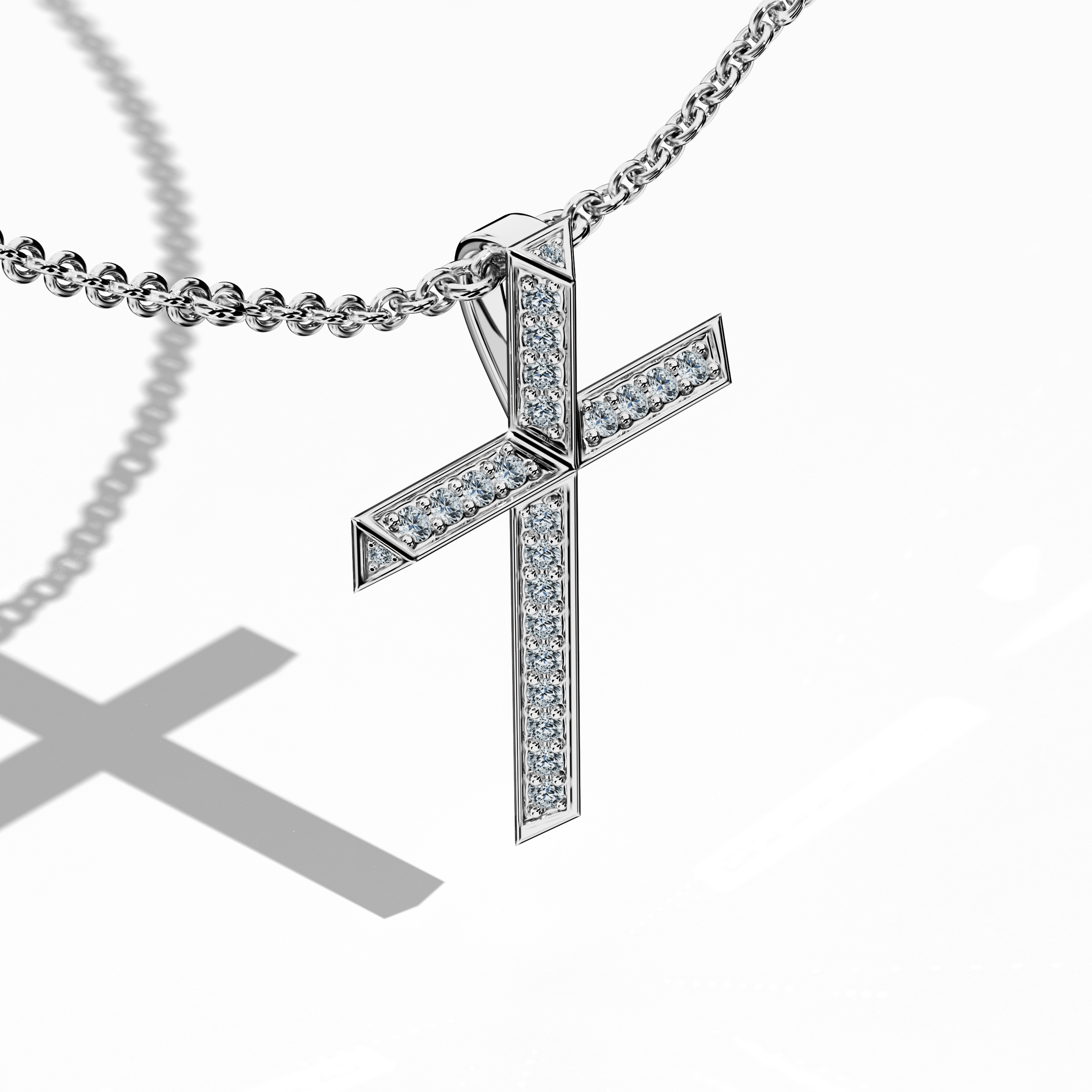 A белое золото diamond cross pendant viewed from a front-top angle, showcasing the intricate two-tier design with brilliant pavé diamonds set along the edges. The double-layered cross enhances its depth and sophistication, making it a statement piece. Also called a dual-layered cross, stacked diamond crucifix, modern gemstone cross, this piece represents faith and elegance. Keywords: luxury diamond pendant, fine белое золото Украшения, pavé cross necklace, symbolic Украшения.