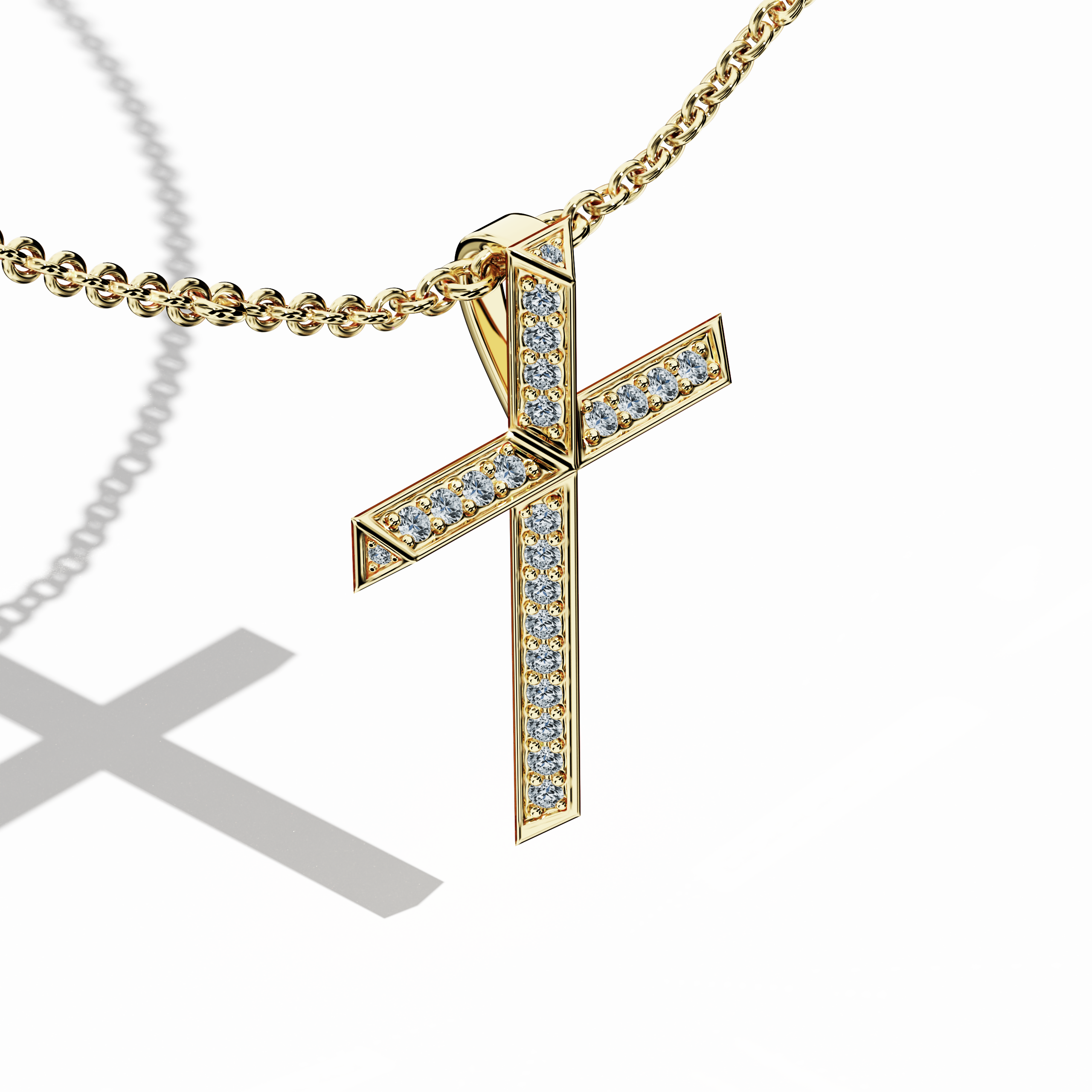 A top-angled perspective of a жёлтое золото diamond cross pendant, highlighting its elevated two-tier structure with sparkling diamonds. This double-layered cross is also known as a dual-step gemstone crucifix, stacked faith pendant, golden layered cross necklace, symbolizing luxury and devotion. Keywords: classic жёлтое золото Украшения, fine diamond faith pendant, luxurious cross necklace, symbolic gold Украшения.