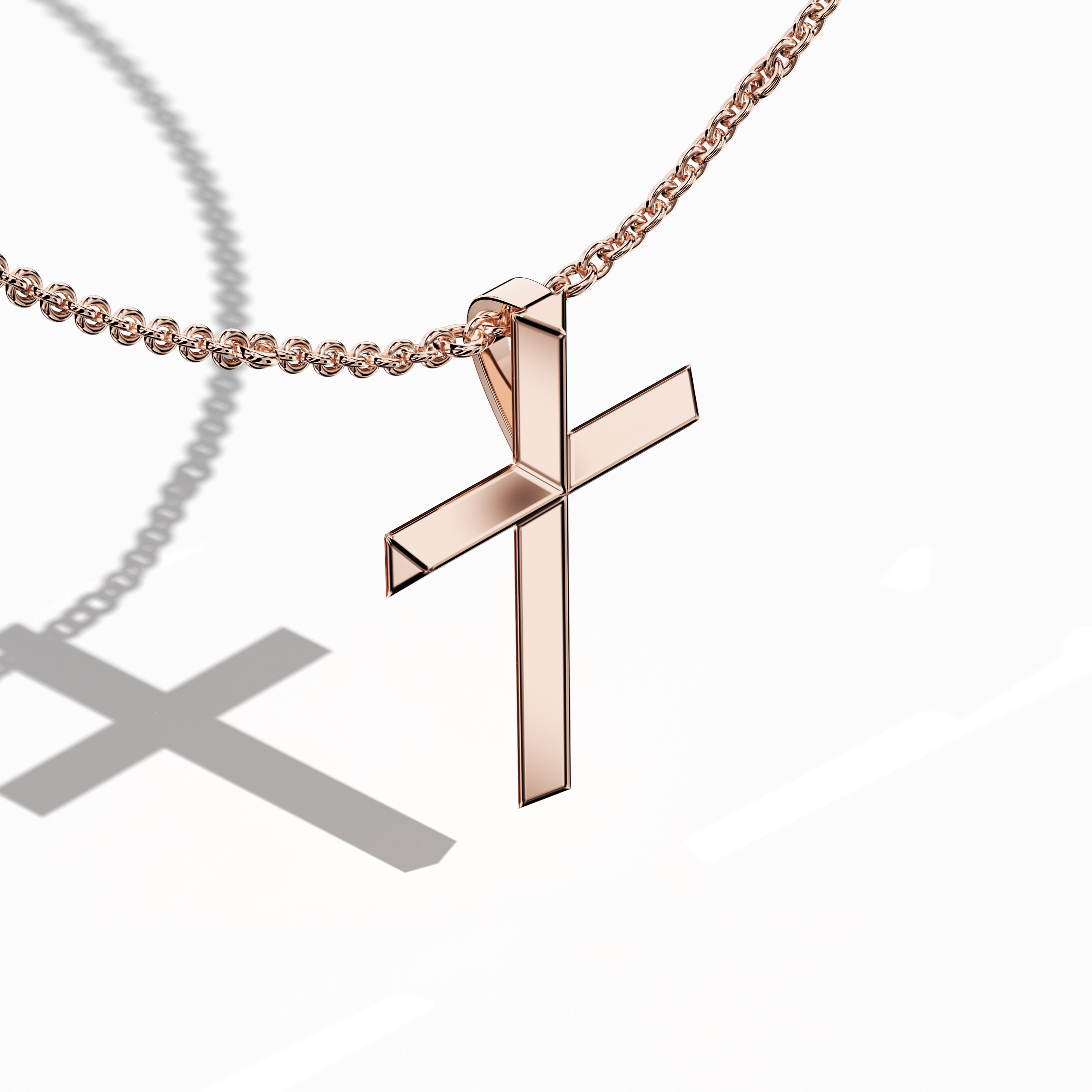 A detailed front-top perspective of a розовое золото diamond cross pendant, showcasing its sophisticated dual-layer structure adorned with brilliant-cut diamonds. This elevated cross necklace offers depth and dimension, with variations referred to as a multi-layer crucifix, contemporary розовое золото faith pendant, stacked gem cross. Keywords: розовое золото faith Украшения, premium gemstone necklace, diamond cross for women, fine Украшения.