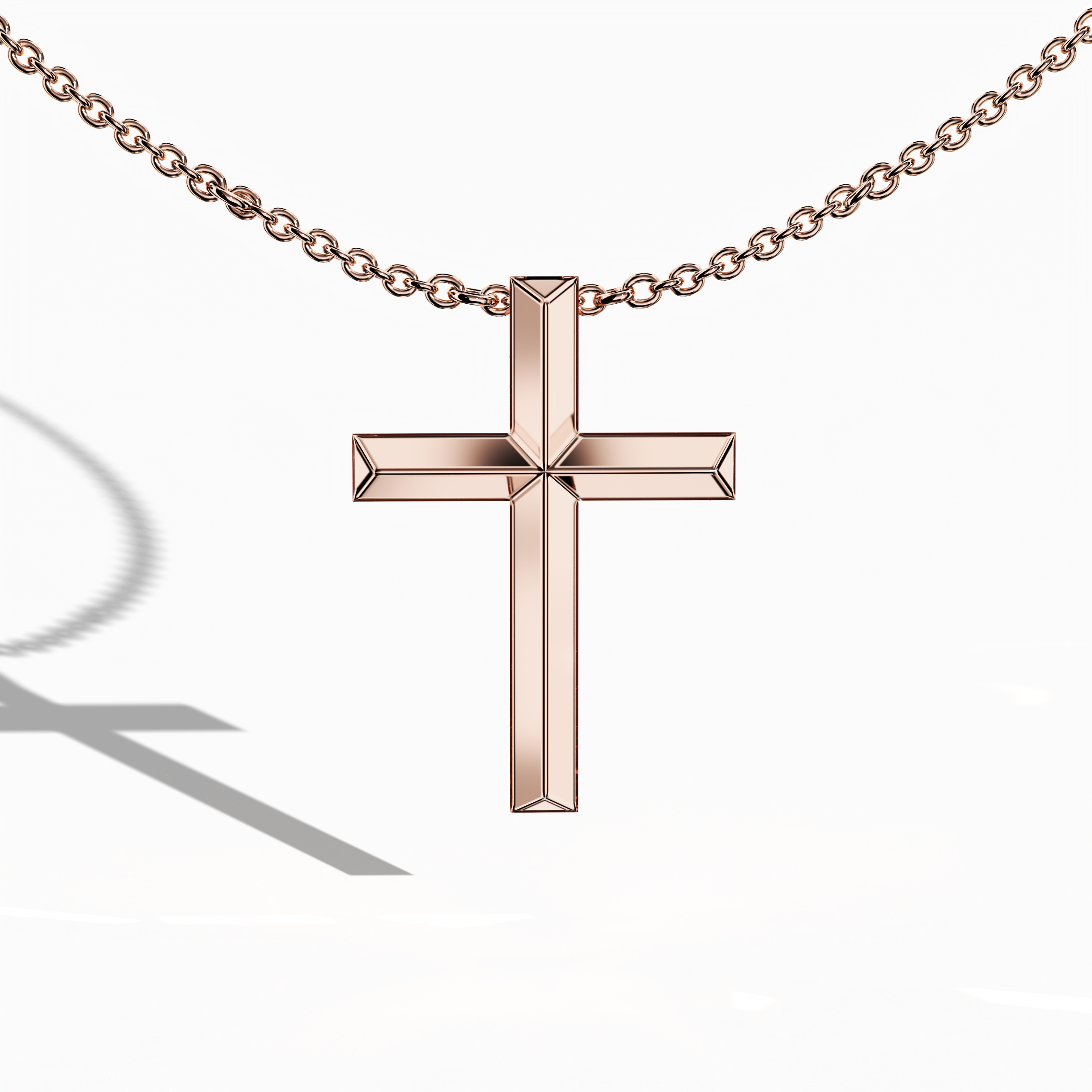 This two-step diamond cross pendant is set in romantic rose gold, featuring a double-tiered design with pavé-set diamonds totaling up to 0.40 carats. A blend of faith and contemporary elegance, this design is called a dual-step diamond cross, elegant gemstone crucifix, rose gold layered cross, and stacked diamond cross pendant. Rose gold is also known as or rose, oro rosa, rotgold, pink gold. Keywords: rose gold cross pendant, luxury jewelry, romantic faith necklace, gemstone diamond pendant.