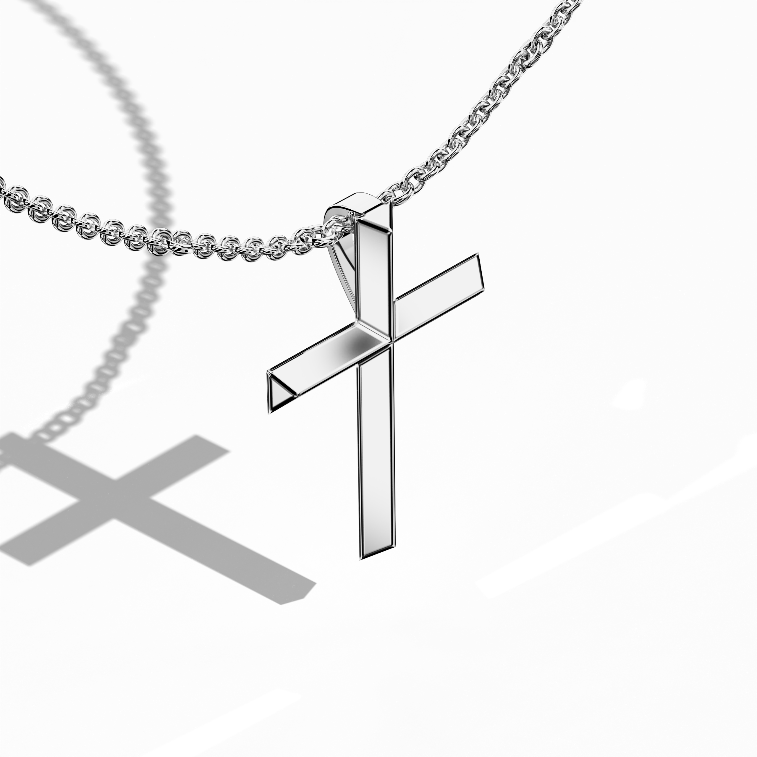 A белое золото diamond cross pendant viewed from a front-top angle, showcasing the intricate two-tier design with brilliant pavé diamonds set along the edges. The double-layered cross enhances its depth and sophistication, making it a statement piece. Also called a dual-layered cross, stacked diamond crucifix, modern gemstone cross, this piece represents faith and elegance. Keywords: luxury diamond pendant, fine белое золото Украшения, pavé cross necklace, symbolic Украшения.