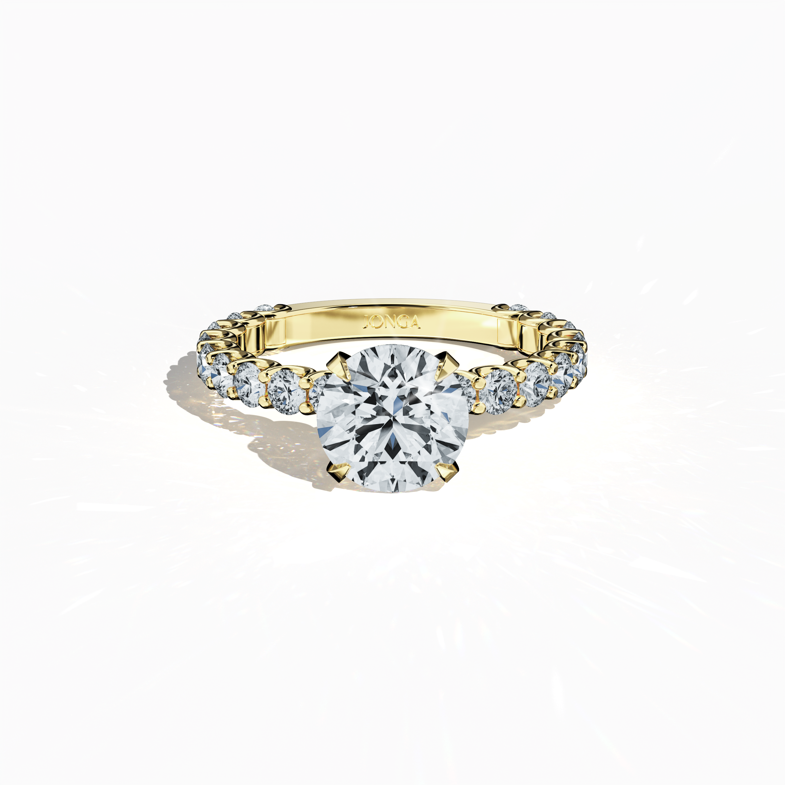 Sleeping front top view of a жёлтое золото solitaire Eternity ring, showcasing a radiant 2 карат center/centre diamond and 1.30 карат side diamonds in a four-nail prong setting. A fine Украшения/fine Ювелирные изделия favorite, ideal as an engagement ring, eternity band, or wedding ring. This classic design offers timeless appeal. Keywords: жёлтое золото, eternity ring, diamond band, engagement ring, wedding Украшения, bridal Ювелирные изделия, 3.30 карат, vintage-inspired fine Ювелирные изделия.