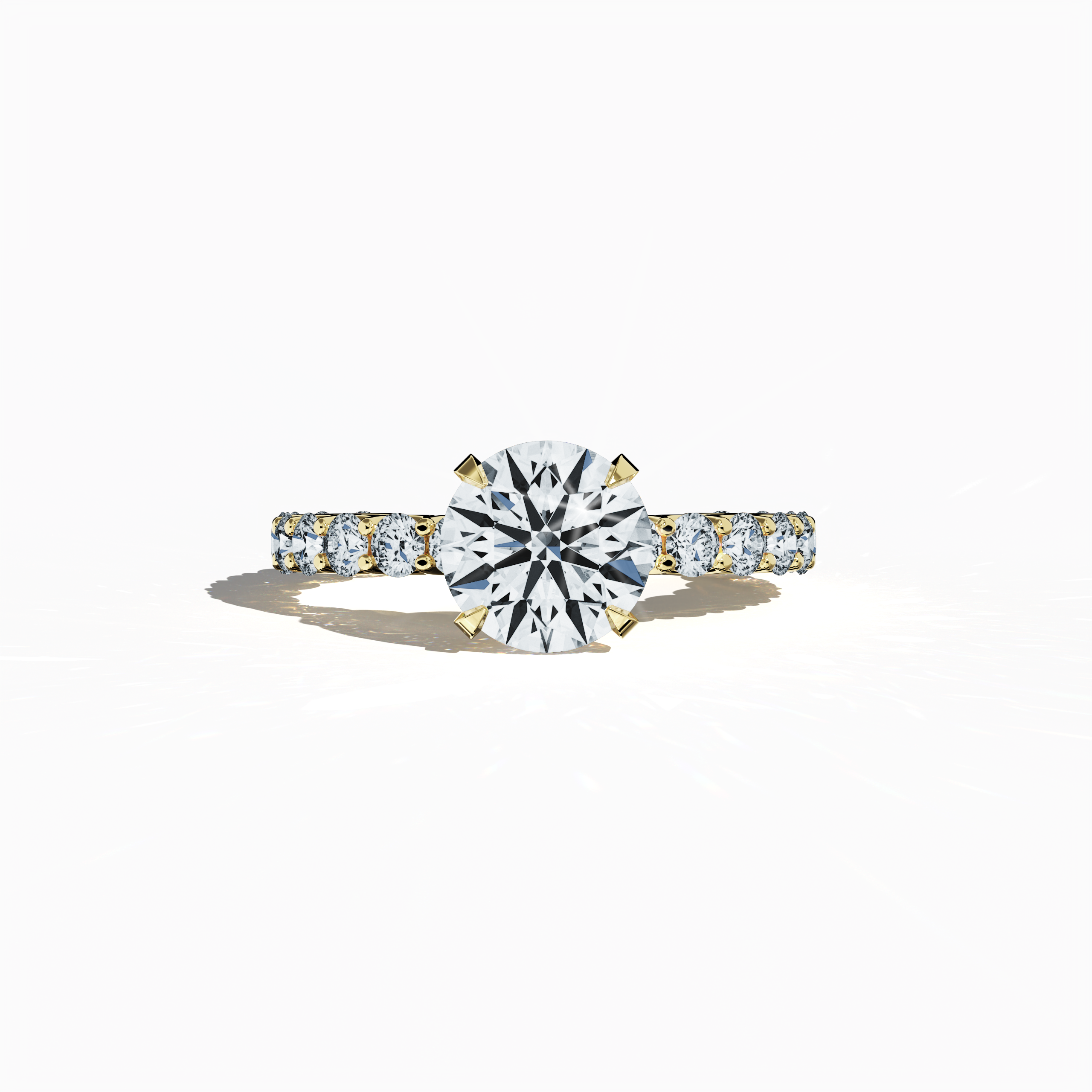 жёлтое золото solitaire Eternity кольцо featuring a striking 2 ct center/centre бриллиант and 1.30 ct side бриллианты in a four-nail prong setting. This front-facing sleeping view highlights its timeless charm, making it a coveted solitaire кольцо, eternity band, or engagement кольцо. A treasured fine jewelry/fine jewellery piece, perfect for weddings or anniversaries. Keywords: жёлтое золото, бриллиант eternity кольцо, bridal jewelry/jewellery, wedding band, luxury, 3.30 ct, classic elegance.
