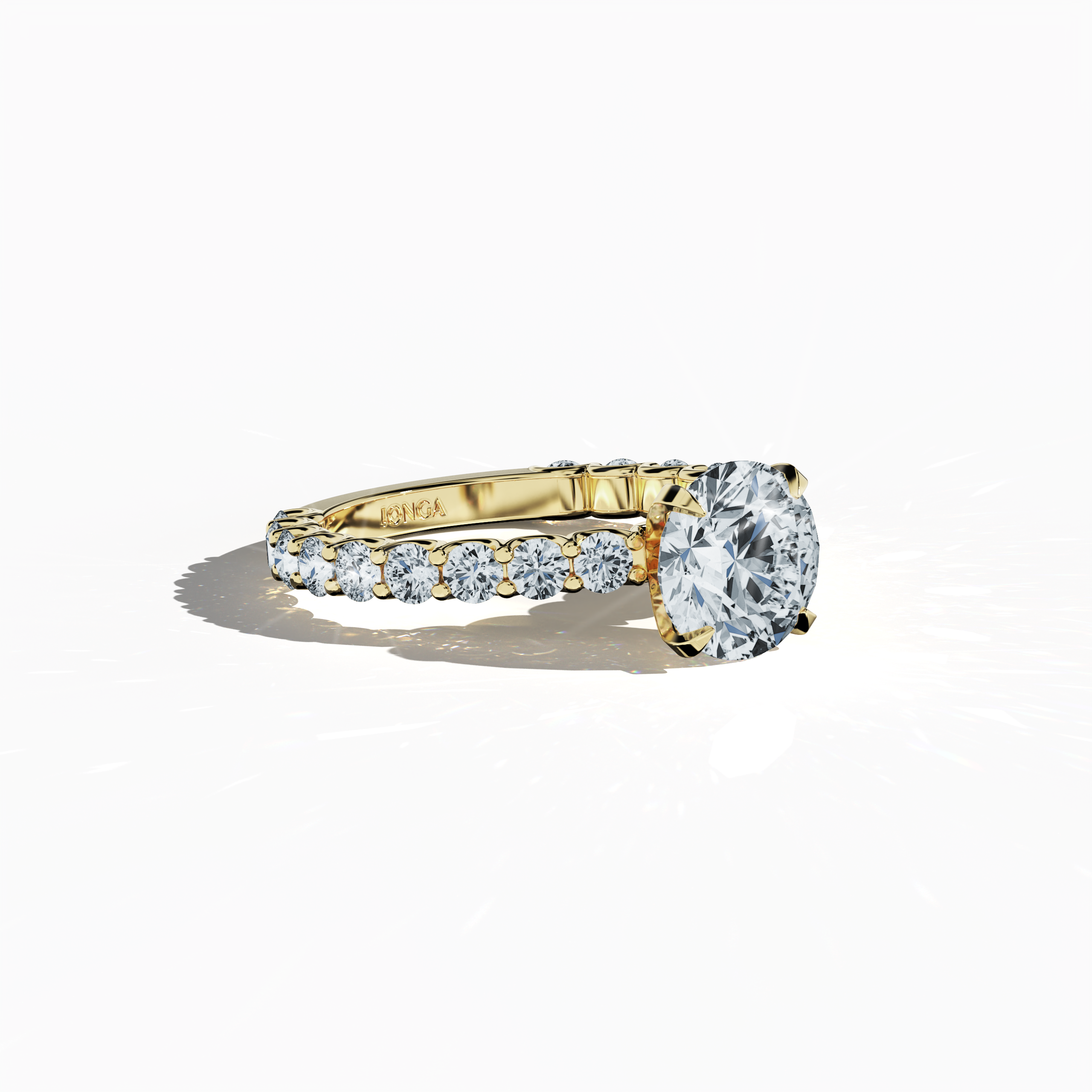 Side profile of a жёлтое золото solitaire Eternity ring, highlighting a captivating 2 карат center/centre diamond and 1.30 карат side diamonds in a four-nail prong setting. This profile emphasizes its structure, making it an excellent engagement, bridal, or anniversary Украшения/Ювелирные изделия piece. Keywords: жёлтое золото, solitaire, diamond eternity band, luxury ring, wedding band, fine Ювелирные изделия, 3.30 карат, timeless elegance.