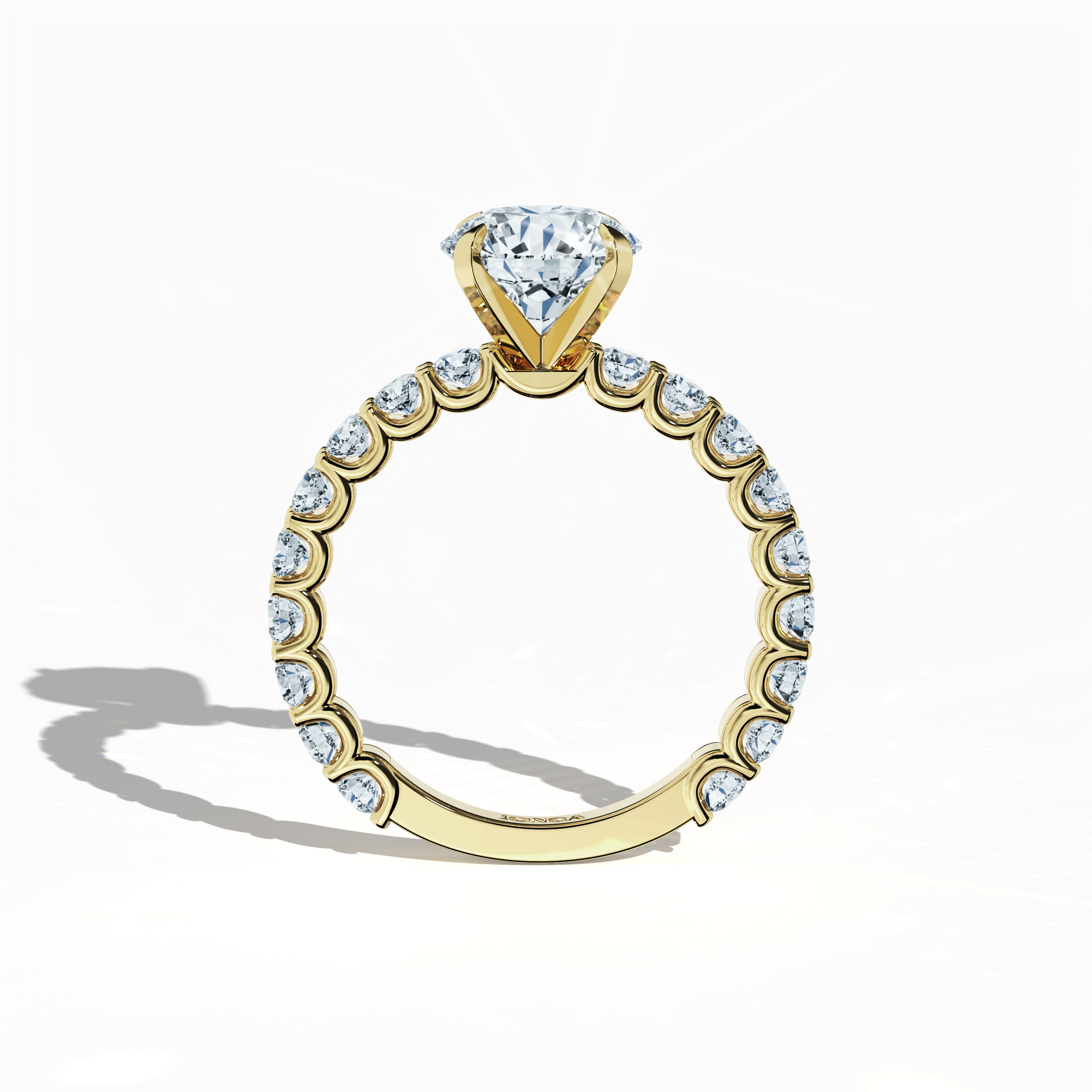 Standing front view of a жёлтое золото solitaire Eternity ring featuring a luminous 2 карат center/centre diamond and 1.30 карат side diamonds in a secure four-nail prong setting. This fine Украшения/fine Ювелирные изделия piece is admired as an engagement ring, eternity band, or wedding band. A luxurious blend of heritage and modern design. Keywords: жёлтое золото, diamond eternity band, solitaire ring, wedding Украшения/Ювелирные изделия, bridal, 3.30 карат, vintage classic.