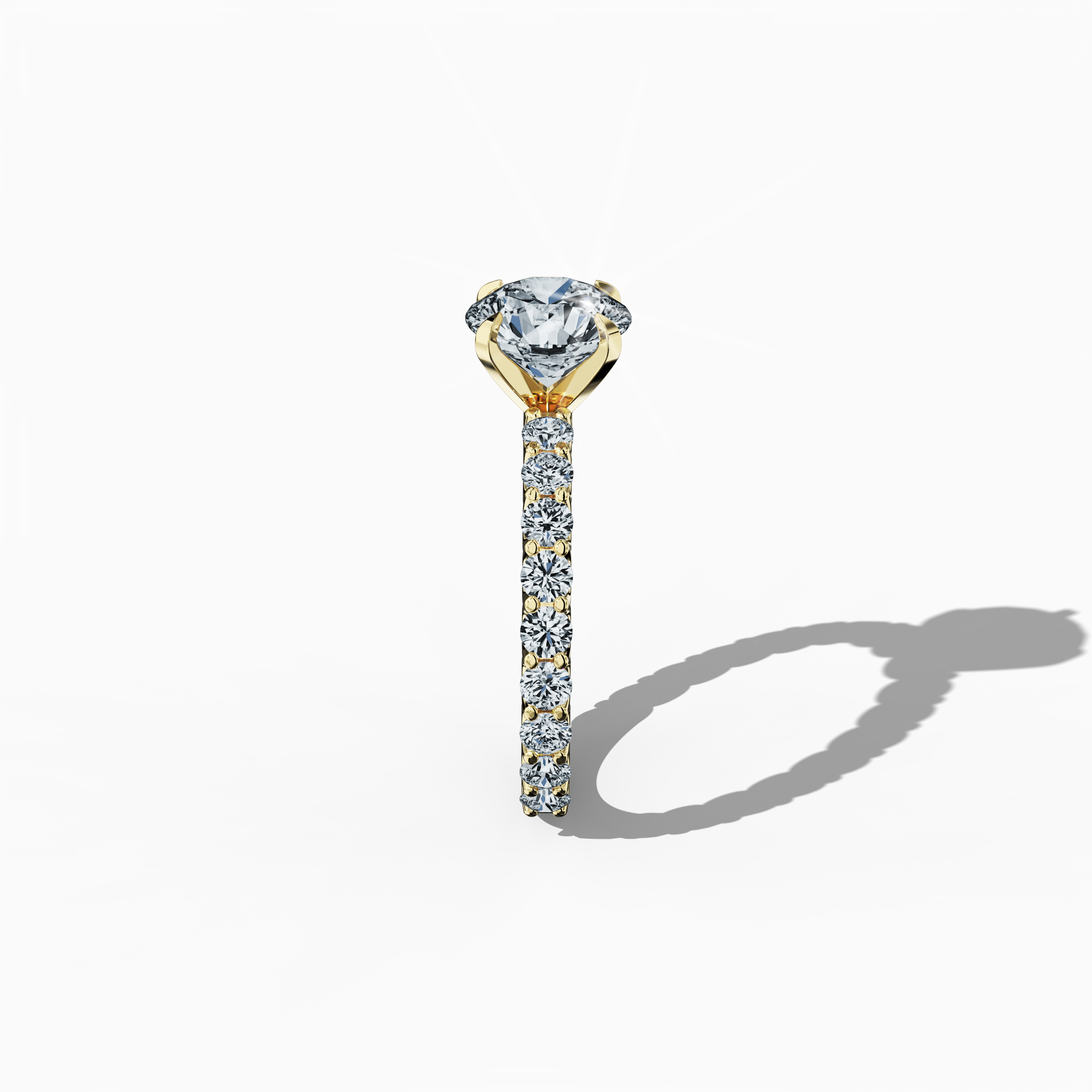 Side profile of a жёлтое золото solitaire Eternity ring, highlighting a captivating 2 карат center/centre diamond and 1.30 карат side diamonds in a four-nail prong setting. This profile emphasizes its structure, making it an excellent engagement, bridal, or anniversary Украшения/Ювелирные изделия piece. Keywords: жёлтое золото, solitaire, diamond eternity band, luxury ring, wedding band, fine Ювелирные изделия, 3.30 карат, timeless elegance.